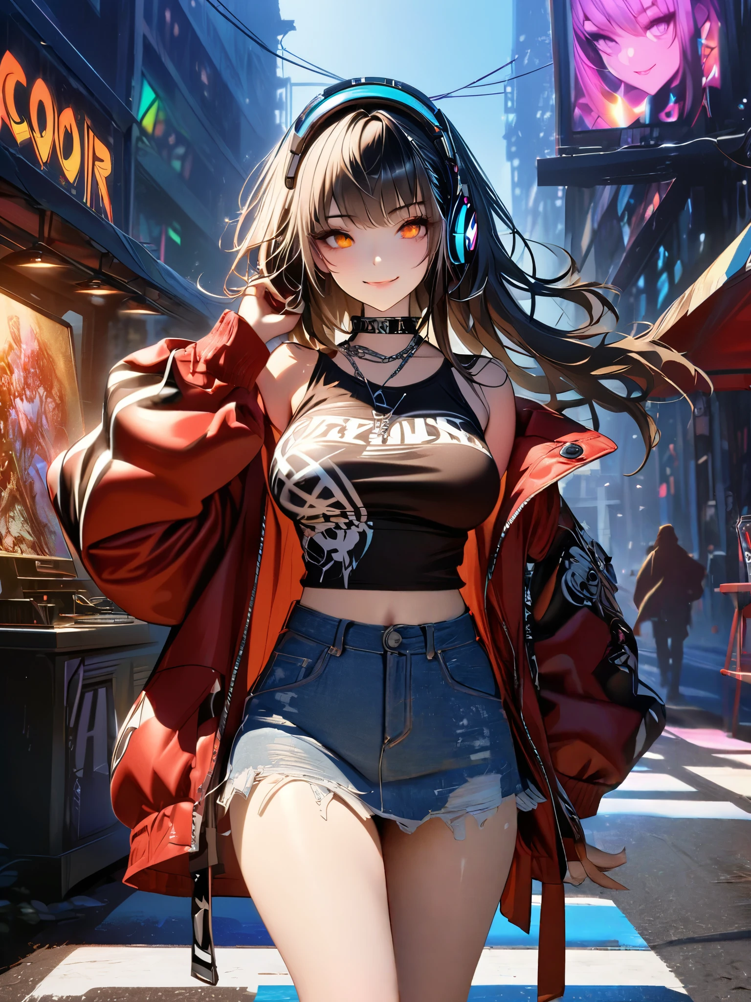 Anime girl with headphones walking down a city street - SeaArt AI