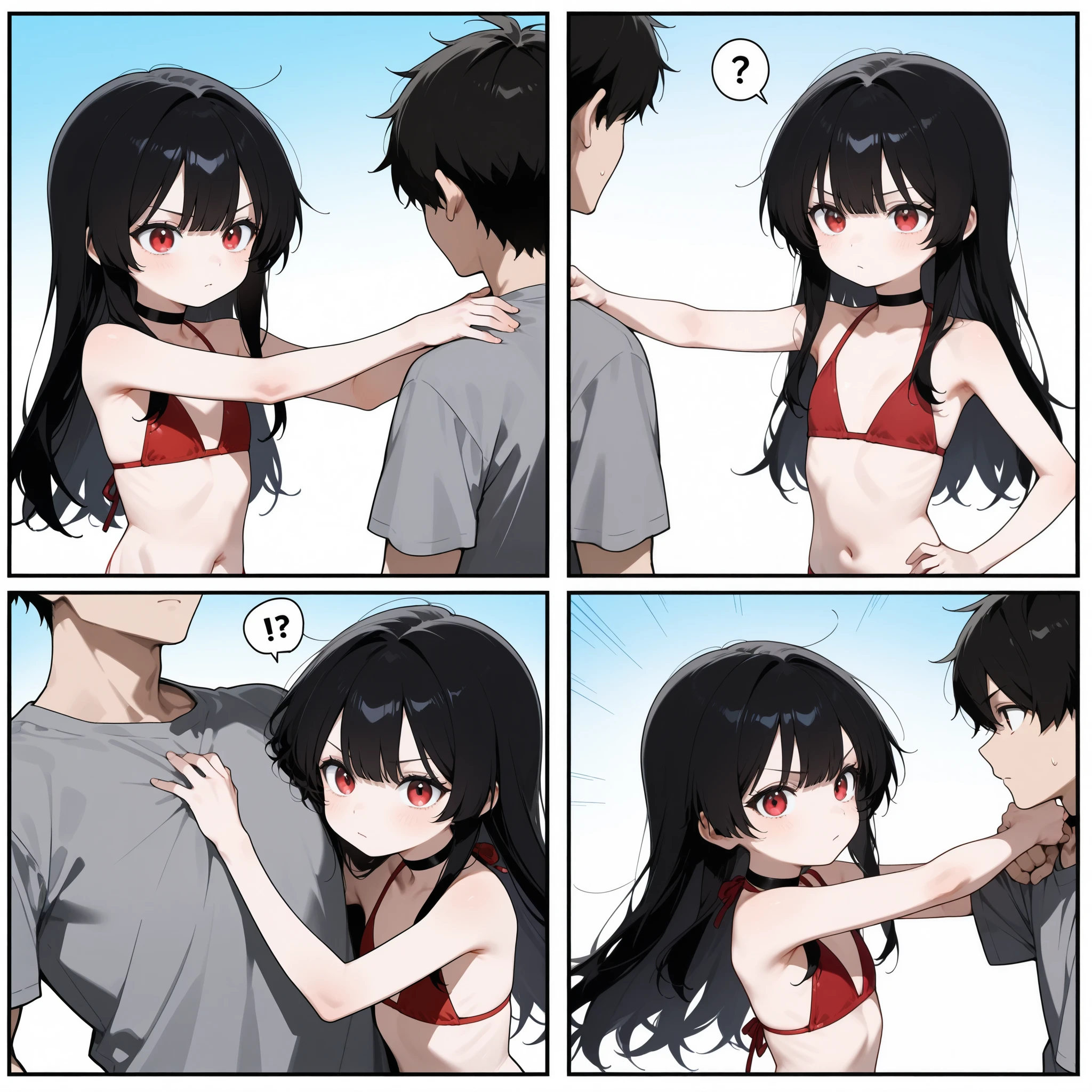 Multi panel comic,  1 shortstack girl in a red bikini, cute,  long black hair, red eyes, flat chested, skinny, she is caught in a wrestling choke hold by a taller boy in a grey tshirt, she is wearing a black choker, they are play fighting, determined expression