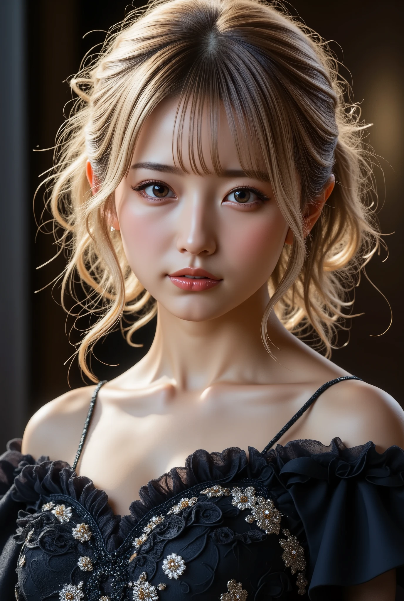 Beautiful lady in modern dress, elaborate gown, massive curly blonde hair, head and shoulders portrait, finely drawn eyes, 8k resolution concept art portrait dynamic lighting hyperdetailed intricately detailed Splash art trending on Artstation Unreal Engine 5 volumetric lighting