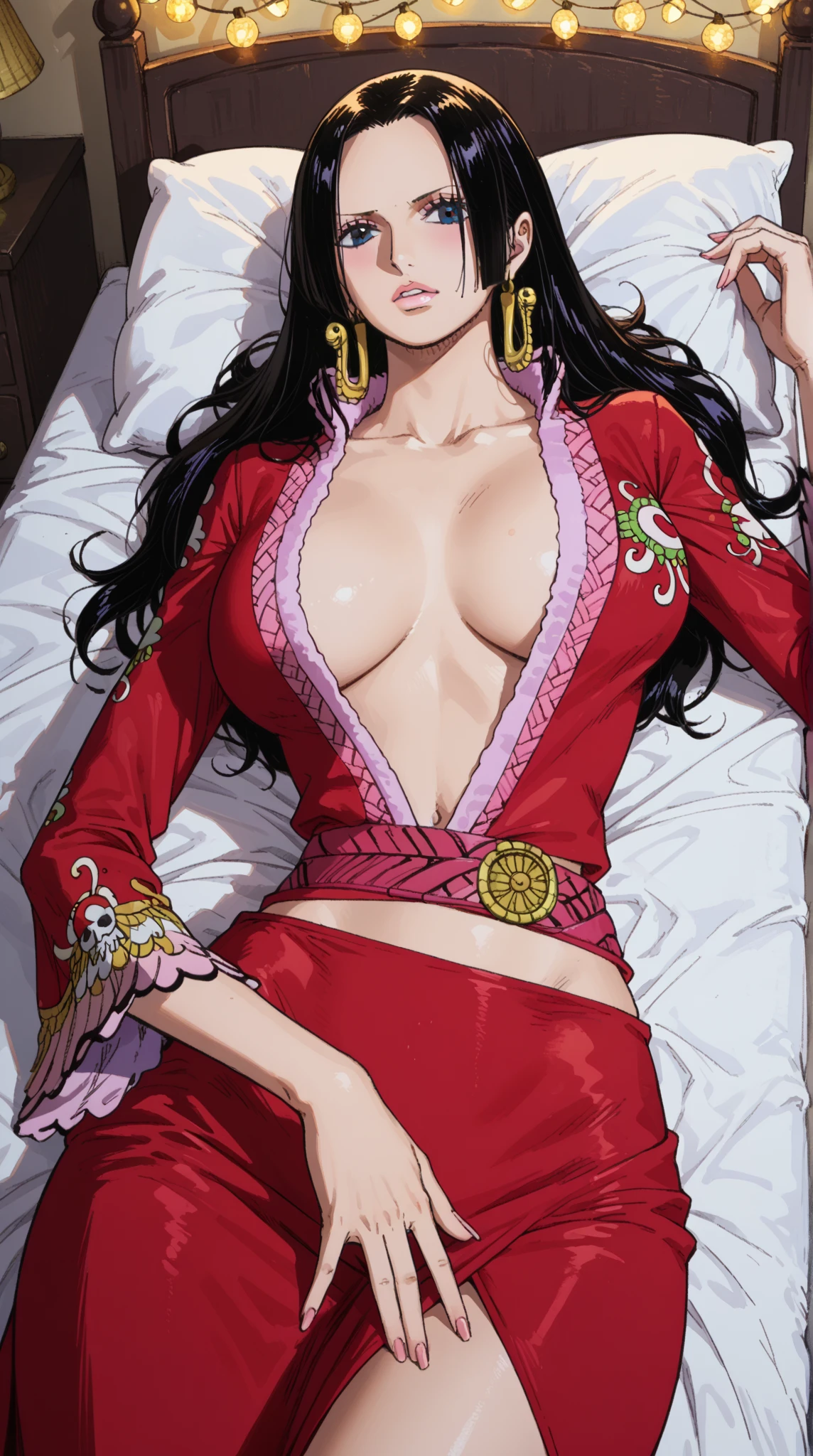 best quality, masterpiece, highly detailed,1girl, ((rose)), (vine), cage, bandage, red rope, (detail light), falling rose petals, Boa Hancock, (nsfw:1.3), (masterpiece:1.5), Detailed Photo, Smiling, Sexy, (8K, Best Quality: 1.4), (1girl), Beautiful Face, (anime realistic Face), (Black Hair, long Hair: 1.3), Beautiful Hairstyle, Realistic eyes, beautiful detail eyes, (white skin), beautiful skin, absurd, attractive, ultra high resolution, ultra realistic, high definition, golden ratio, (sexually aroused:1.5), Pinkish white skin, cool white light, sexy pose, Beautiful , white background, pink soft white light, Wear a white tank top