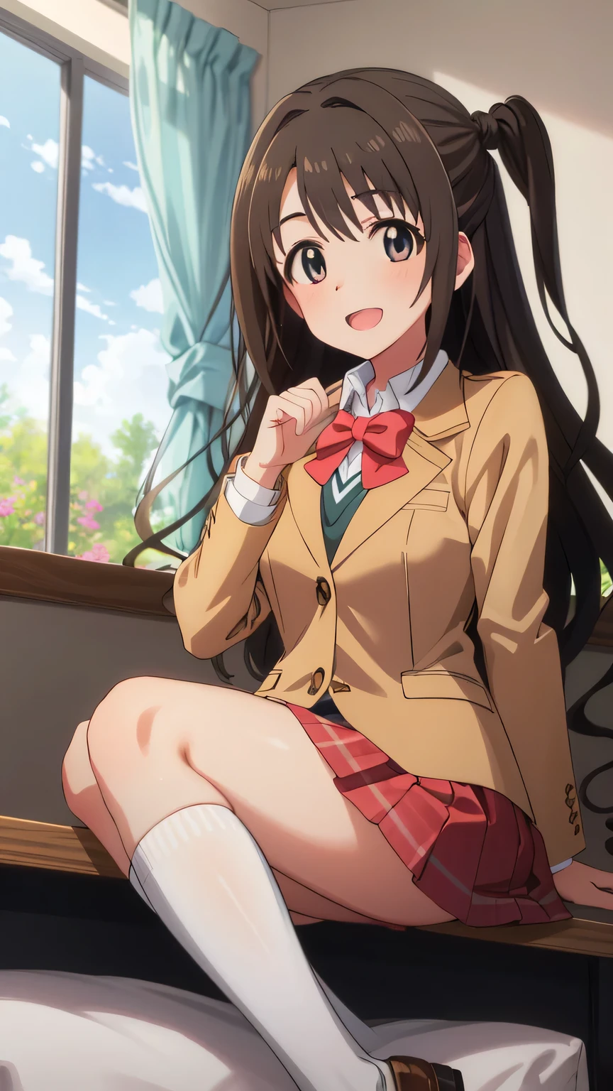 {{{masterpiece}}}, (best quality:1.5), (ultra-detailed:1.5), {illustration}, {{an extremely delicate and beautiful}}, (beautiful detailed eyes:1.6), absurdres, highres, extremely detailed face, 16k, hd, visual anime de uma jovem mulher, extremamente bonito rosto de anime, anime melhor garota, (perfect hands, perfect anatomy), anime face, uzuki shimamura(iDOLM@STER Cinderella Girls), 1girl, solo, cute face, long hair, brown hair, braid, (one side up:1.8), wavy hair, bangs, swept bangs, sidelocks, flushed cheeks, brown eyes, (High resolution eyes, Beautiful eyes, Light in the eyes), medium breasts, big hips, curvaceous, BREAK, {school uniform}, brown blazer, long sleeve, white shirt, collared shirt, pink bowtie, red skirt, mini skirt, pleated skirt, plaid skirt, (white kneehighs:1.2), BREAK, night, indoor, bedroom, on the bed, window, moonlight, open mouth, smiling, confession, embarrassed, flushed cheeks,from front, looking at viewer, dark room, covering chest by one hand, knees together feet apart, sit