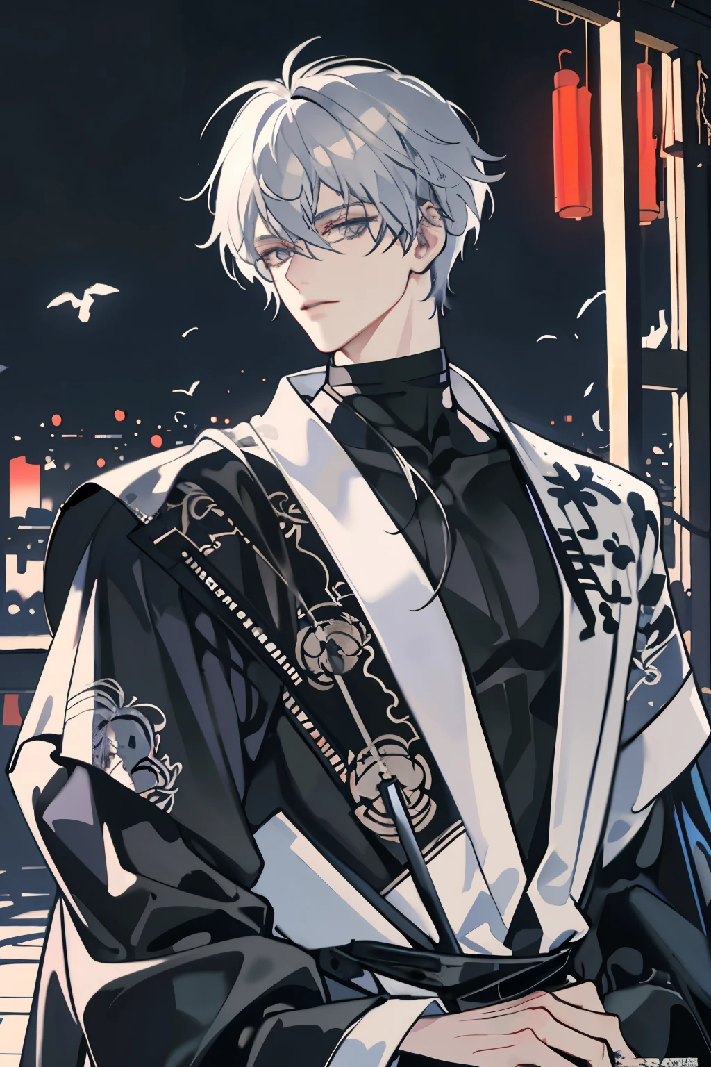 Messy hair,Broken hair,long Bangs, silver hair,Very beautiful cyberpunk digital artwork,black turtleneck, kimono,malefocus,Handsome,High-quality detailed depiction,Shoot sideways,The light and shadow change is extremely exquisite,Anime style 4K wallpaper, black turtleneck, kimono,