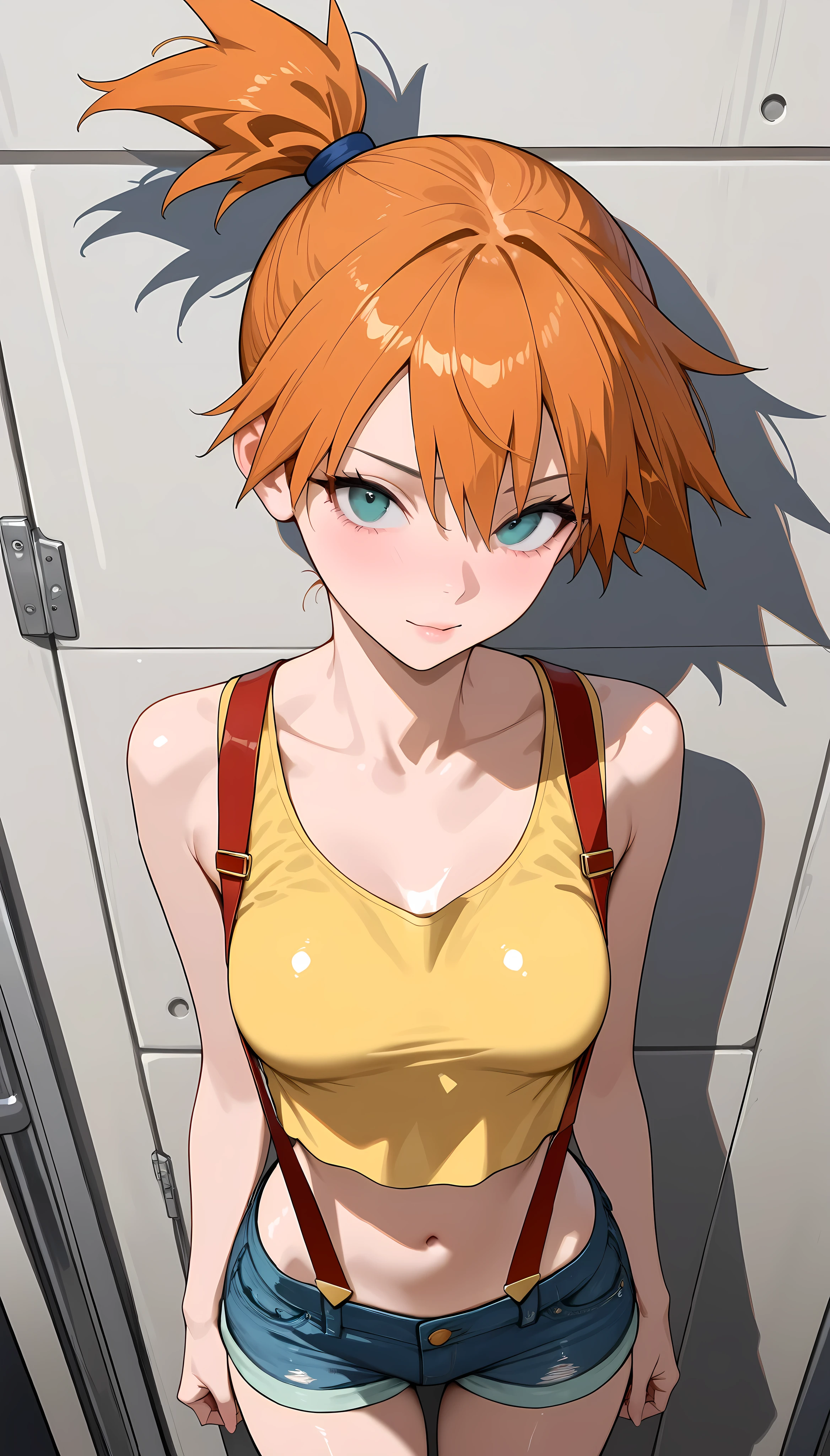 (masterpiece,best quality:1.2,amazing quality,very aesthetic,absurdres,newest,realistic), (Misty,pokemon),solo,1woman,(adult:1.2),(very small head:1.2),(ideal ratio body proportions:1.2,slender body:1.2,skinny:1.3,medium breasts),orange hair,high ponytail,yellow tanktop,臍、denim shorts,red suspenders,gleaming skin,standing,