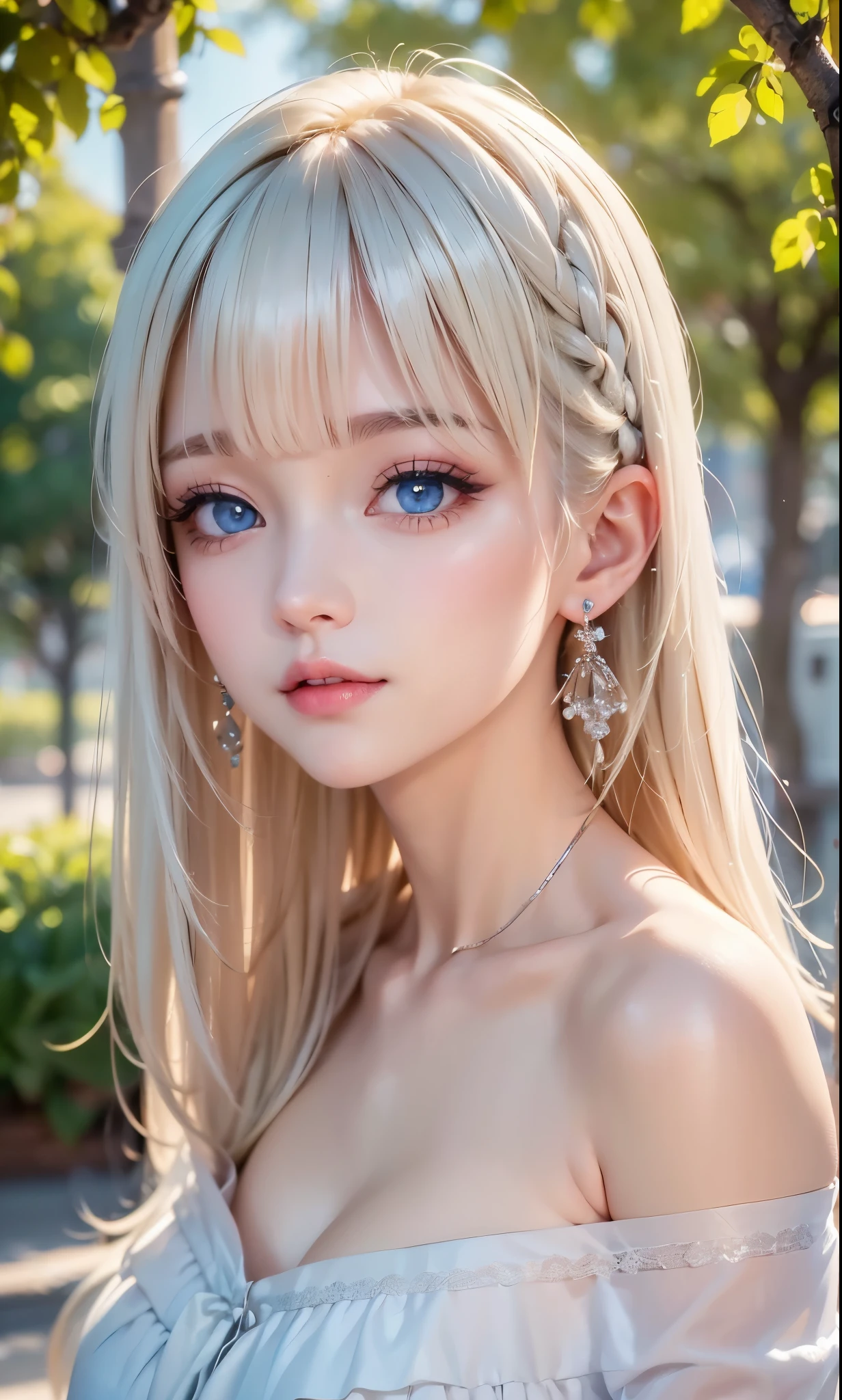 ((sfw: 1.4)), (( detailed face, cute face, detailed face, professional photography)), ((from side)), (( off-the-shoulder top)), (( Shiny platinum blonde silk hair, beautiful shiny bangs, big clear sky blue eyes, very beautiful bright eye highlights, earrings, 1 Girl)), Ultra High Resolution, (Realistic: 1.4), RAW Photo, Best Quality, (Photorealistic Stick), Focus, Soft Light, (()), (( (young face))), (surface), (depth of field), masterpiece, (realistic), woman, bangs, ((1 girl))

