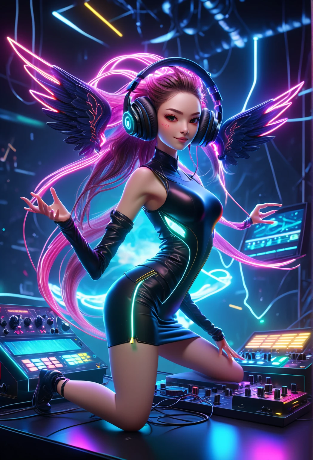 Solo,Upper body, Female DJ, colorful clothes , strange, Vibrant look, Playful accessories, creative act, Imaginative, Sensual, spontaneous, DJ headphones, Mixer, Music Club, nightclub, Indie Theatre, People dancing on dance floor background, Underground ballroom, best quality, Texture, intricate details, (movie lighting), original photo, 8k