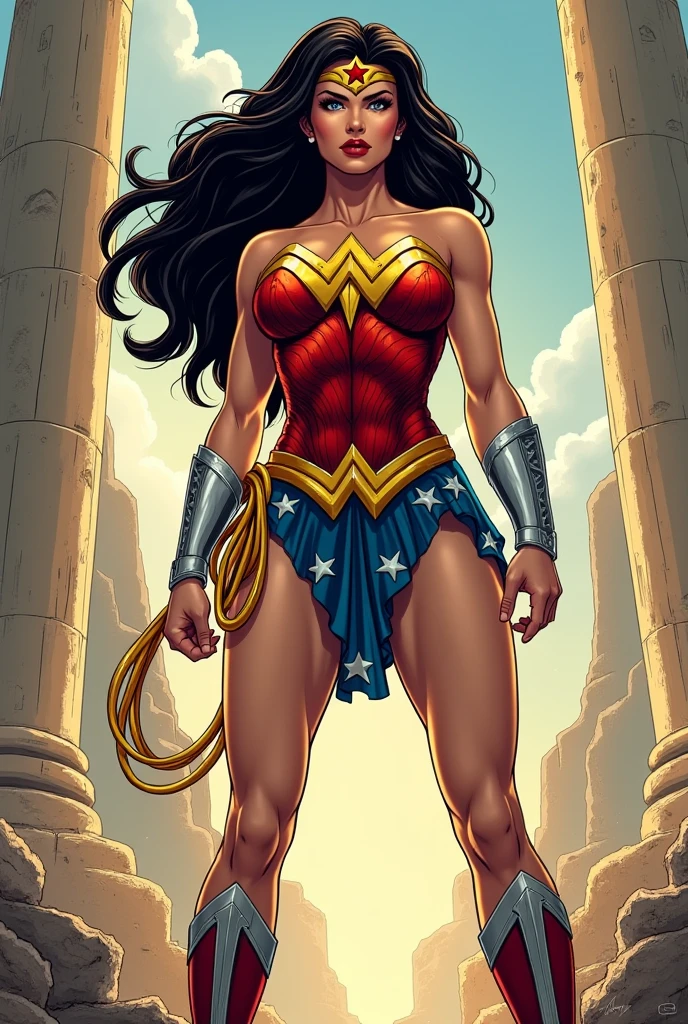 wonder woman, toned amazon body, transforming into a cow, multiple breasts, cow udder, cow muzzle, cow ears, cow tail, fur, standing and leaning against pillar, back arched, look of surprise and shock, skinindentation, bulging breasts, torn tunic, ruins of greece behind her