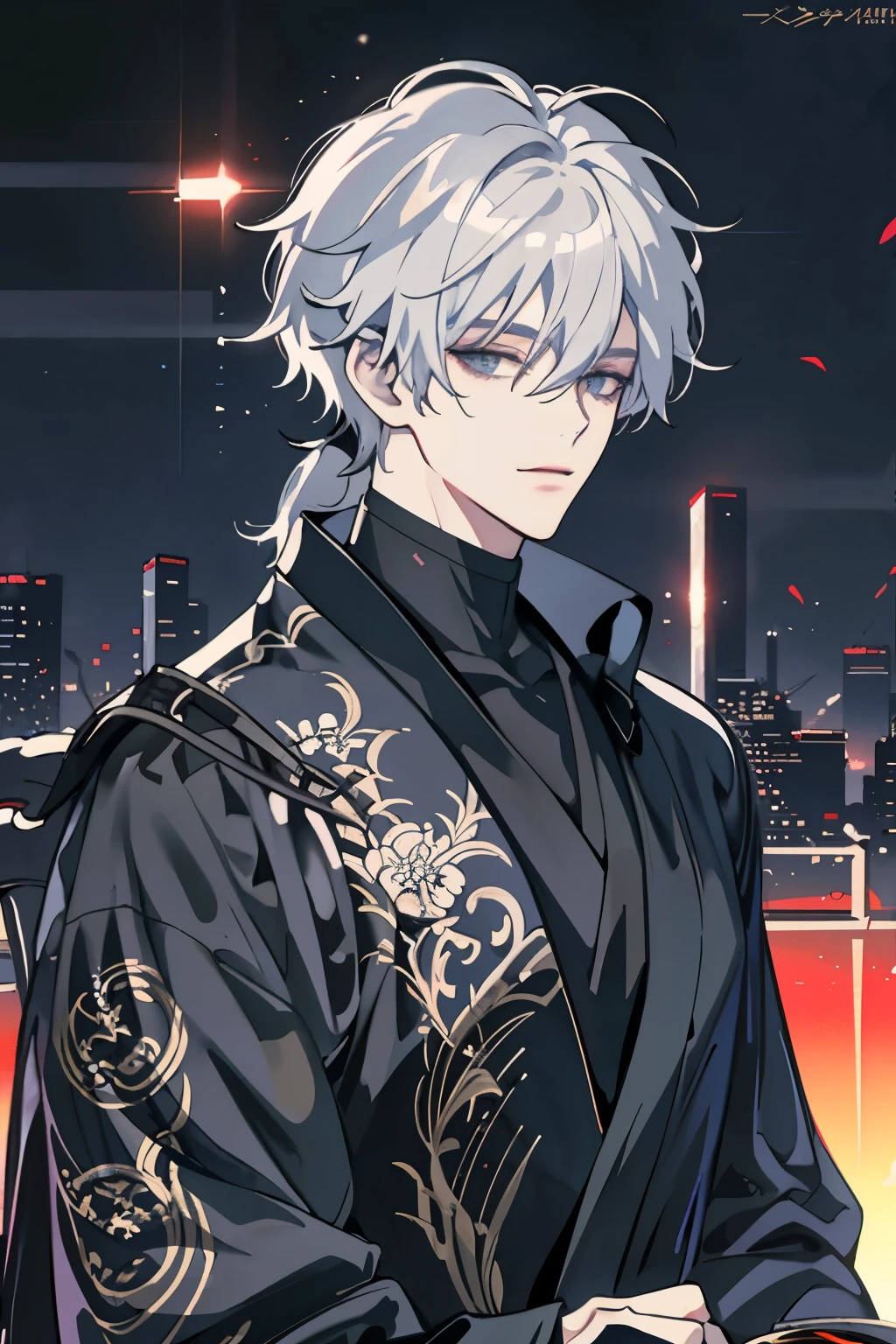 Messy hair,Broken hair,long Bangs, silver hair,Very beautiful cyberpunk digital artwork,black turtleneck, kimono,malefocus,Handsome,High-quality detailed depiction,Shoot sideways,The light and shadow change is extremely exquisite,Anime style 4K wallpaper