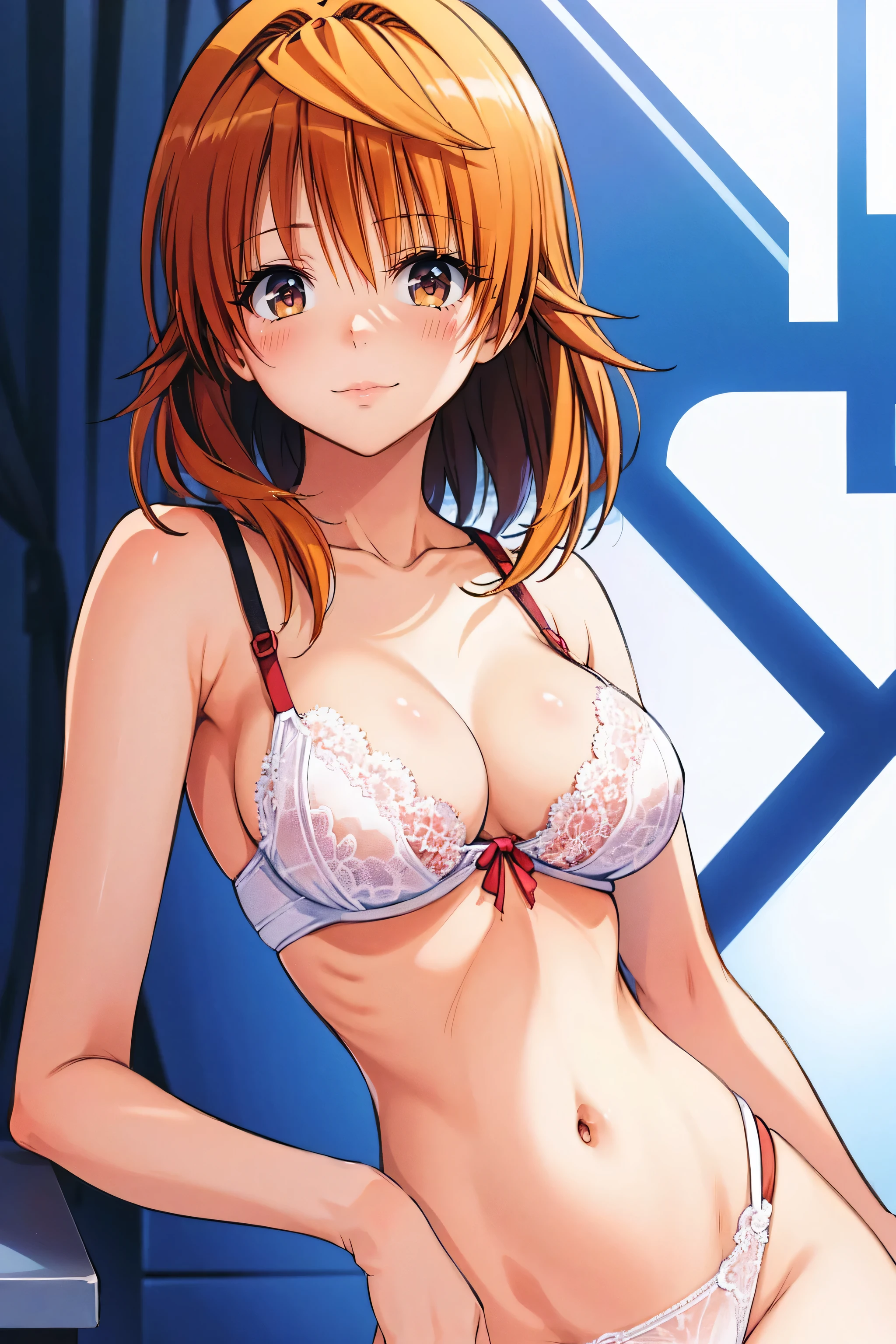 (masutepiece),(Best Quality), Asuka Langley Soryu，、Soio、Blue eyes，hair between eye，headware，Interface headset，Orange hair，Red Ribbon、bow ribbon、Big breasts、((Smaller head)）、1 female、Urban streets、Pink lace underwear、With your back turned、Turned、Big ass，Huge breasts，Textured skin、extremely detailed eye and face、beatiful detailed eyes、二重まぶた、huge filesize、(Increase the beauty of skin texture:1.1)、hight resolution、highlydetailed skin、top-quality、8k wallpaper、电影灯光、large boob,Seductive underwear、The chest is visible