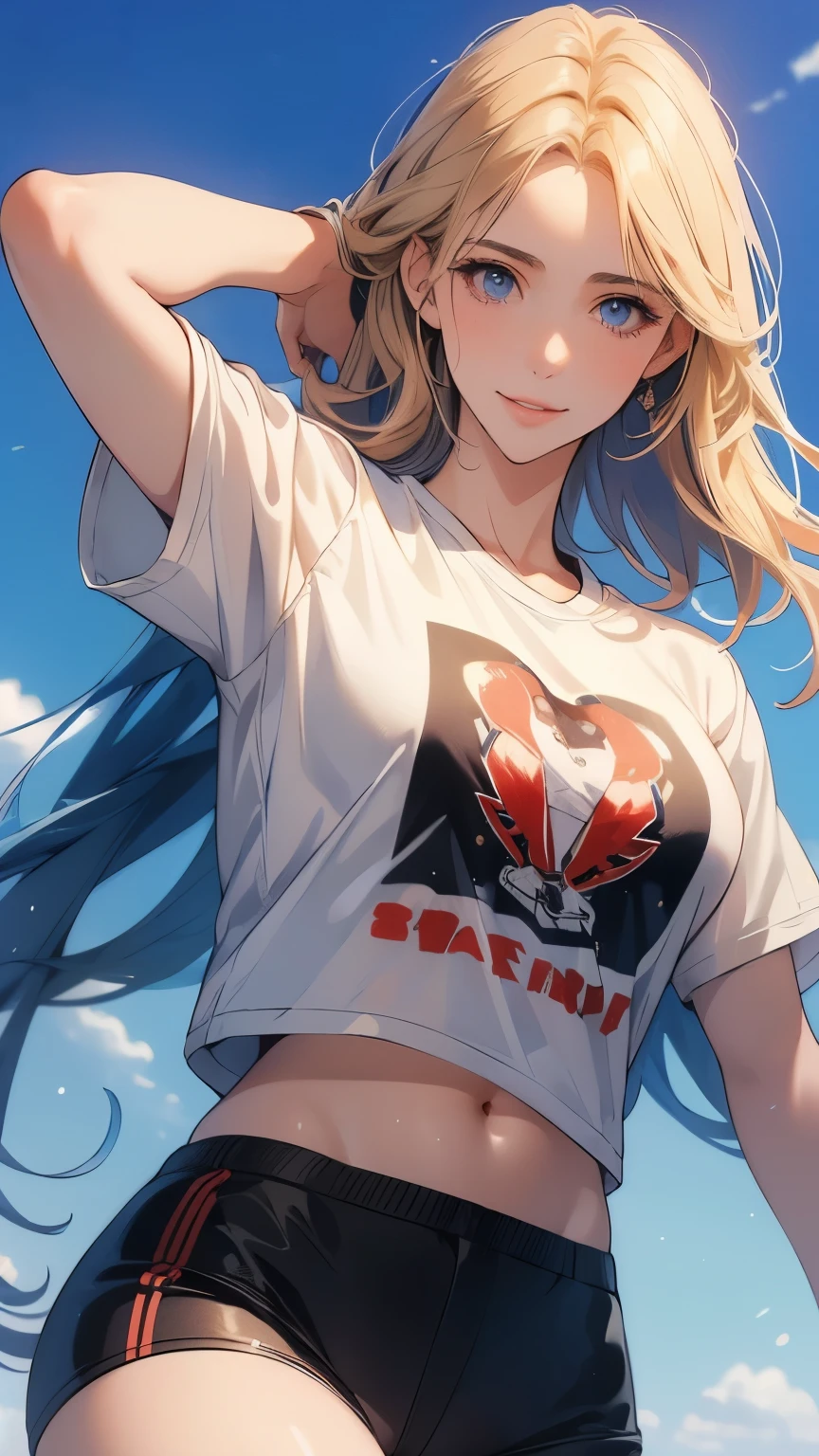 ((long shot)) (( top quality)), ((masterpiece)), anime style、 perfect face, 1 girl, She is wearing a t-shirt with the Volleyball Nations League logo.、cowboy shot、smile、32K、Glossy skin、Fresh lips、Beautiful transparent eyes 、 detailed hair 、 shot looking down from above、 shot from the waist up、Erotic poses