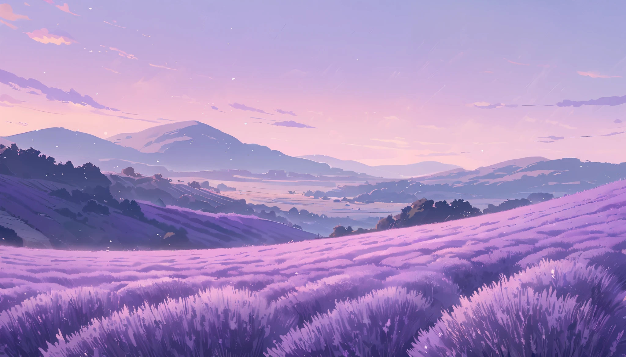 LAVENDER landscape , Pastel Purple Colors ,,Ghibli style ,cute ,Cozy , Landscape Wide Field Ultrawide Purple tone