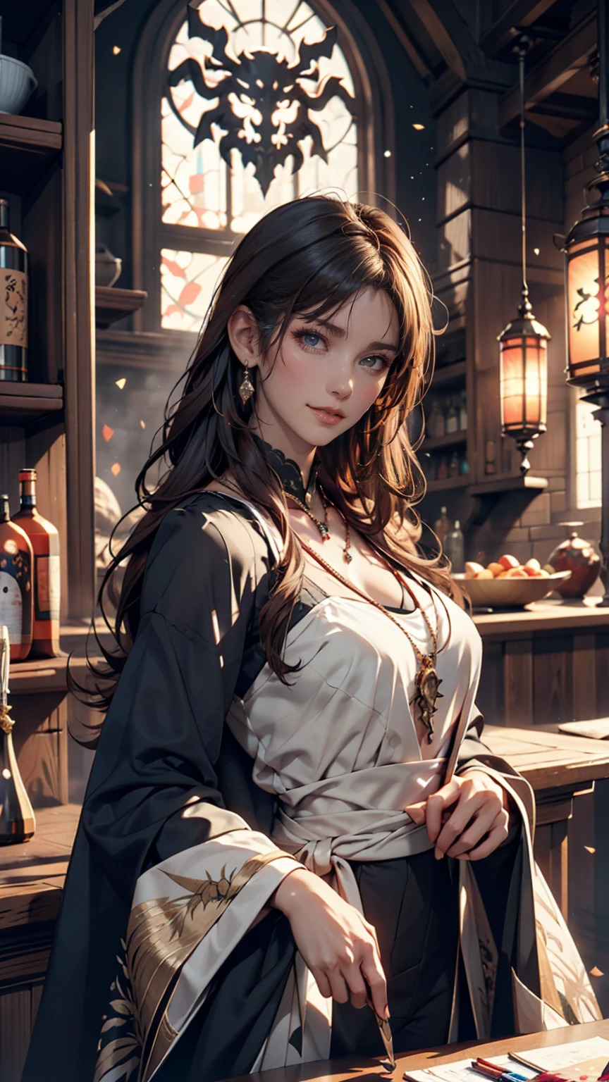 (masterpiece, top quality, best quality, official art, beautiful and aesthetic:1.2), extreme detailed, (fractal art:1.3), (abstract:1.2), dynamic streaks, luminous trails, highest detailed,
(1man, thin adult french male:1.2), jade eyes, dark brown hair, layer cut,
portrait, solo, upper body, looking at viewer, detailed background, detailed face, (<lora:BohoAI:0.6>, bohoai, boho theme:1.1) barkeep, simple white clothes, rustic tavern interior in background, worn out wooden walls, wall-decorations, clutter, keg, beverage, tap, jovial fantasy atmosphere,
<hypernet:sxzBloom_sxzBloom:0.2>,