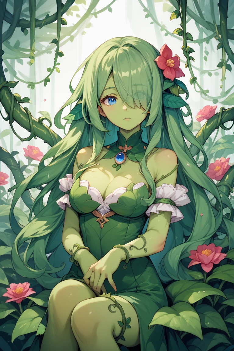 A captivating female with vibrant long green hair and fascinating anime-inspired features. The topic is confidently pristine, Her lush tide-green dress with plunging neckline, a turtleneck and delicate emerald accents , creating an enchanting world of shades The intricate details and enigmatic character cartoon fashion watercolor high socks green tones , what say" LENTUGA ROX "
