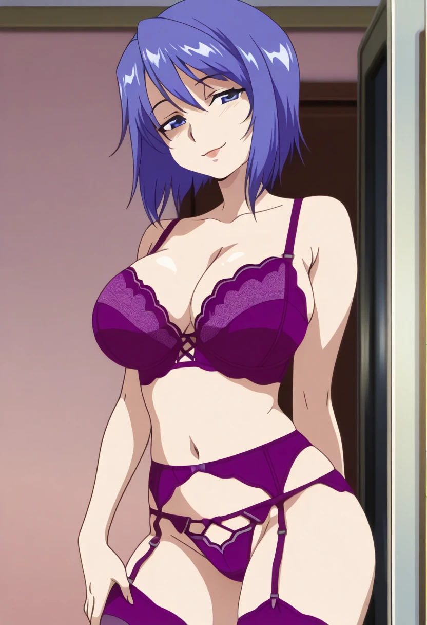 Blue_cooking, alone, masterpiece, 最high quality, detailed face, fine eyes, High resolution,short hair,blue eyes,bangs,gray hair,hair between eyes,Huge_chest:1.5,cleavage,NSFW,(good, transparent:1.4), (マイクロgood, pink), (panties, transparent:1.4), (pink色panties, High-legged), sensual visual, Flushed smile, masterpiece, 8k, High resolution, high quality_Anime image quality, full body shot, (open leg pose, M-shaped legs),
