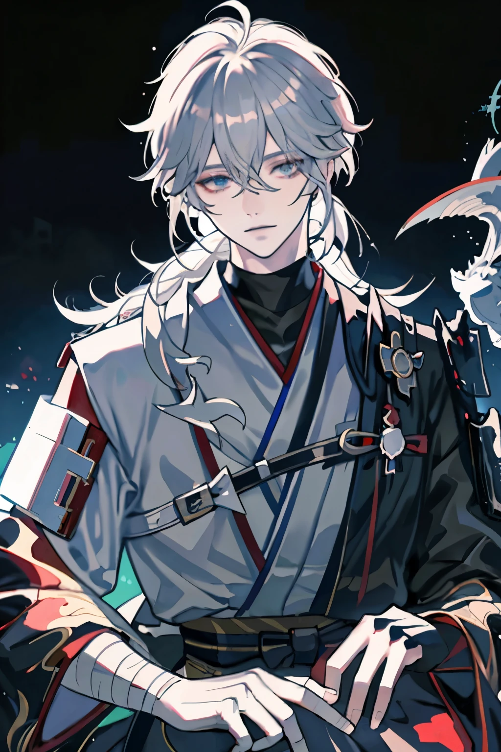 Messy hair，Broken hair，long Bangs, silver hair，Very beautiful cyberpunk digital artwork，black turtleneck, kimono,malefocus，Handsome，High-quality detailed depiction，Shoot sideways，The light and shadow change is extremely exquisite,Anime style 4K wallpaper
