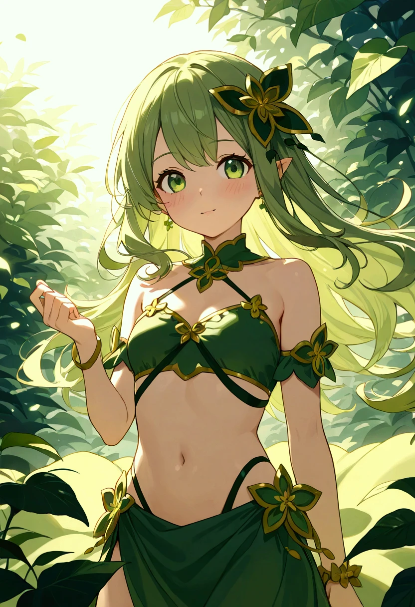 full body photo of a plant girl with an innocent and . She has plant parts coming out of her limbs and several flower petals around her.. has her green and pink outfit inspired by pyra from xenoblade chronicles 2, poison ivy and kobato