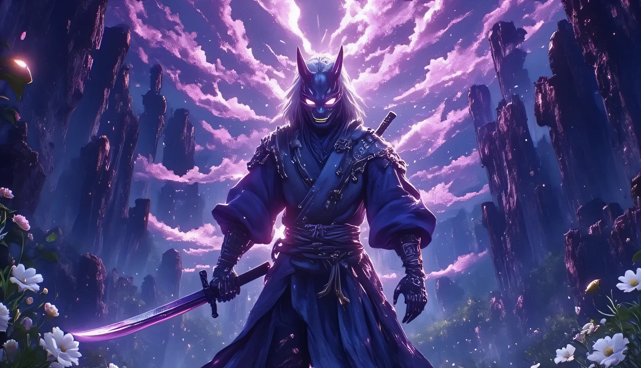 Warrior of darkness with elemental abilities carries a sword, 3D, realistic picture, Illustrate a stunning anime-style warrior, half-dragon, half-human, a top a crumbling temple. Hist sword shimmer under a swirling galaxy sky. Ethereal symbols float around him, creating a captivating atmosphere of adventure and mystery, perfect for a striking wallpaper.