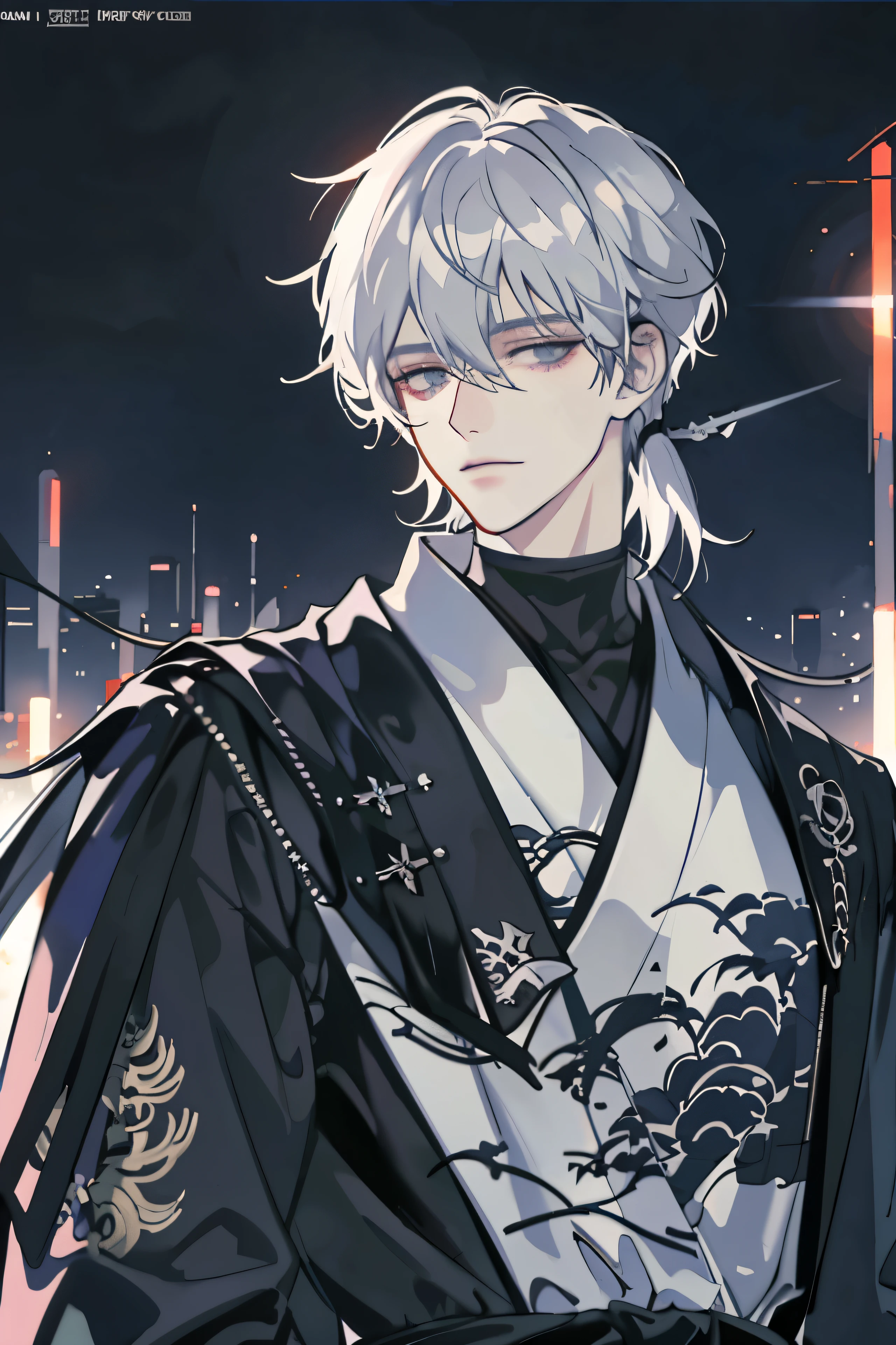 Messy hair,Broken hair,long Bangs, silver hair,Very beautiful cyberpunk digital artwork,black turtleneck, kimono,malefocus,Handsome,High-quality detailed depiction,Shoot sideways,The light and shadow change is extremely exquisite,Anime style 4K wallpaper
