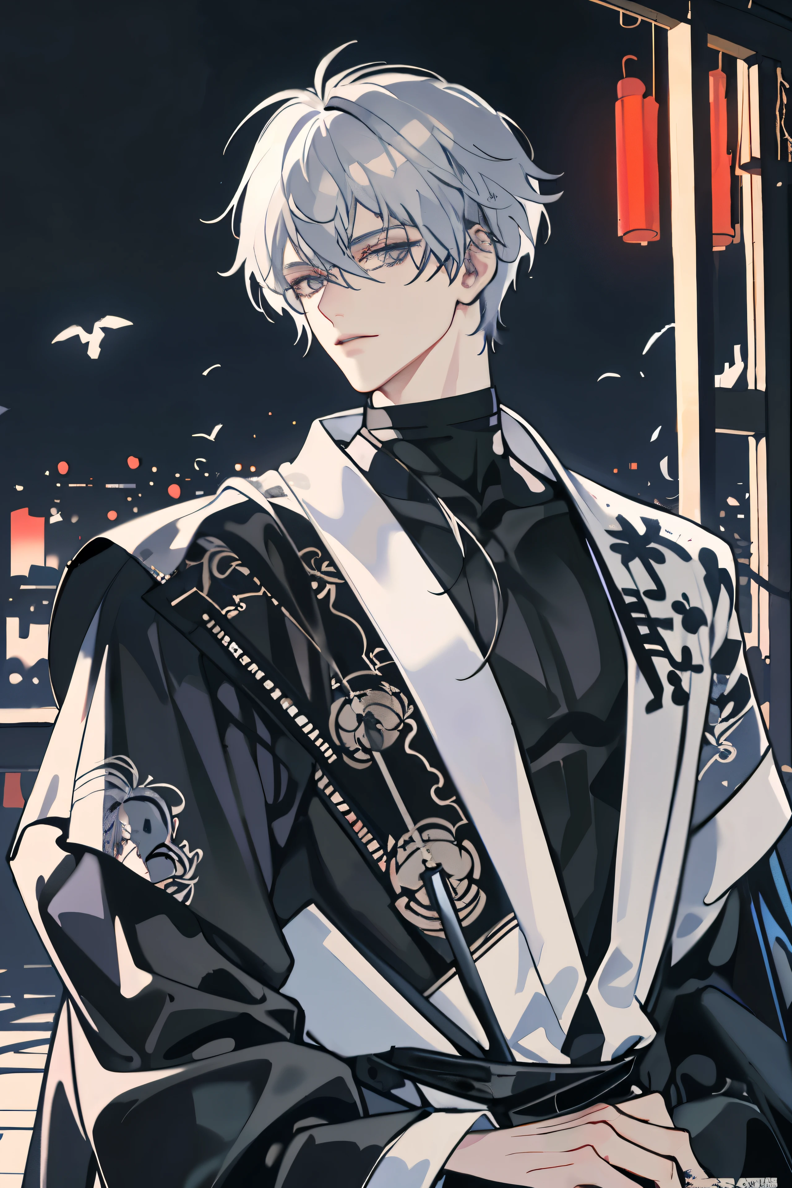 Messy hair,Broken hair,long Bangs, silver hair,Very beautiful cyberpunk digital artwork,black turtleneck, kimono,malefocus,Handsome,High-quality detailed depiction,Shoot sideways,The light and shadow change is extremely exquisite,Anime style 4K wallpaper, black turtleneck, kimono,