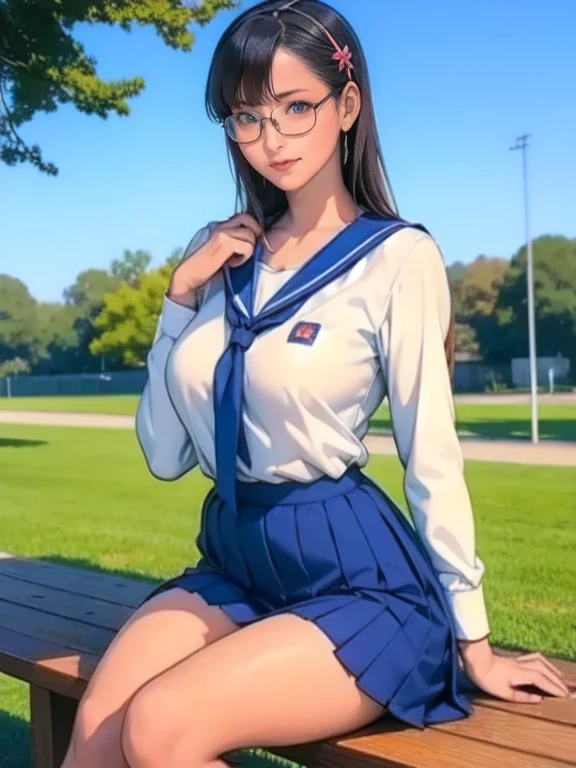 Photo of a 15-year-old woman, realistically captured, (Ponytail:1.3), Blue eyes shimmering behind glasses, (Super clear image:1.4), Upscaled to ultra-high resolution, (Big breasts:1.38), (Wet school uniform:1.3), Transparent black mesh socks peeking out, (Realistic:1.2), (Super realistic:1.3), (Perfectly proportioned:1.1), Detailed clothes clinging to her frame, (Photorealistic:1.3), (Best quality:1.1), (Detailed:1.1), Captured in a Canon