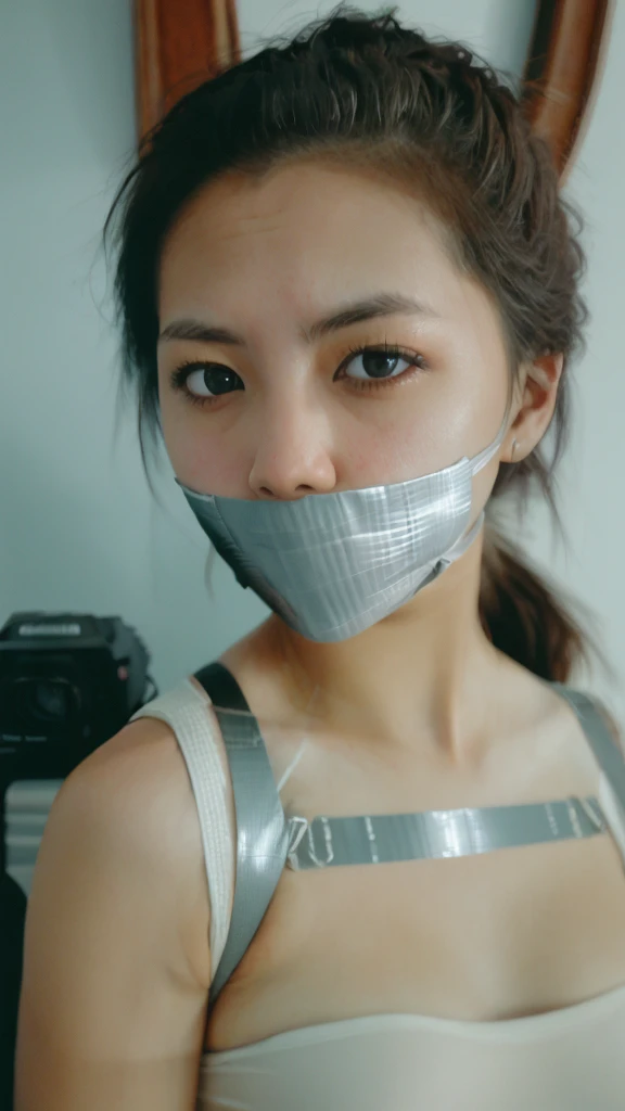 High resolution,Highest quality,krnpp photos, Long black hair , detailed, Complex, 8K,tape gag, gagged