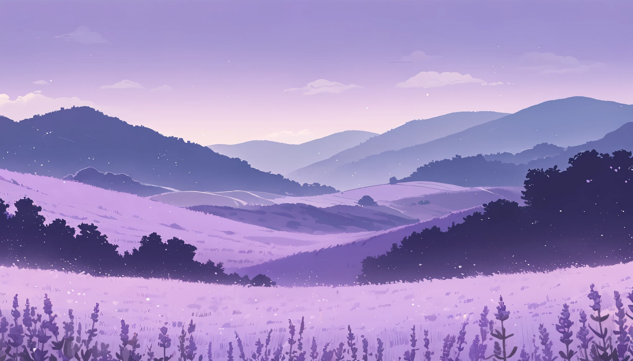 LAVENDER landscape , Pastel Purple Colors ,,Ghibli style ,cute ,Cozy , Landscape Wide Field Ultrawide Purple tone