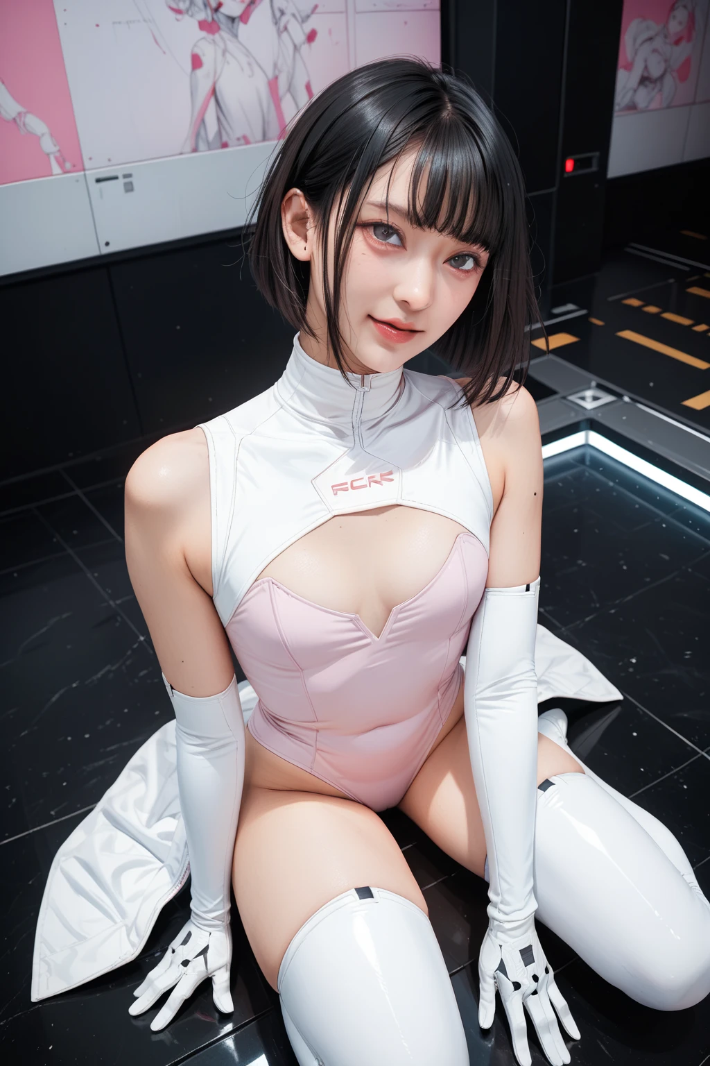 (8k, Highest quality, masterpiece:1,2), (Realistic, Photorealistic:1.37), Super detailed, One Girl,), (Very detailed), (Beautiful and detailed eyes), (Highest quality), (Very detailed ), (masterpiece), (Detailed face),20-year-old, ,1 Girl, ((Pink Hair,Very short hair)), Medium chest, Dressed, Perfect lighting,break (white rubber suit:1.5), (Red harness:1.4), (Heart-shaped cutout on chest:1.3), (Zipper on the back:1.2), (Metal buckle and ring:1.1), (Red lines along the seams and parts of the harness:1.2), (High waist:1.1), (Fits around the ankle:1.1), (White High Heel Boots:1.3), (Harness belt attached to boots:1.2), break (Sweep your bangs to the left:1.3), (Cover your right eye:1.2), (Red earrings:1.1), (smile:1.4), (Hold the harness belt with your left hand:1.3), (Pull down the zipper with your right hand:1.2), (The back is partially exposed:1.1), (Dark Warehouse:1.3), (Metal shelves and boxes behind:1.2), (Red warning light flashing:1.4), (White spotlight on face and chest:1.5), (The red lines and harness reflect light.:1.3), (Covers from head to knees:1.2)