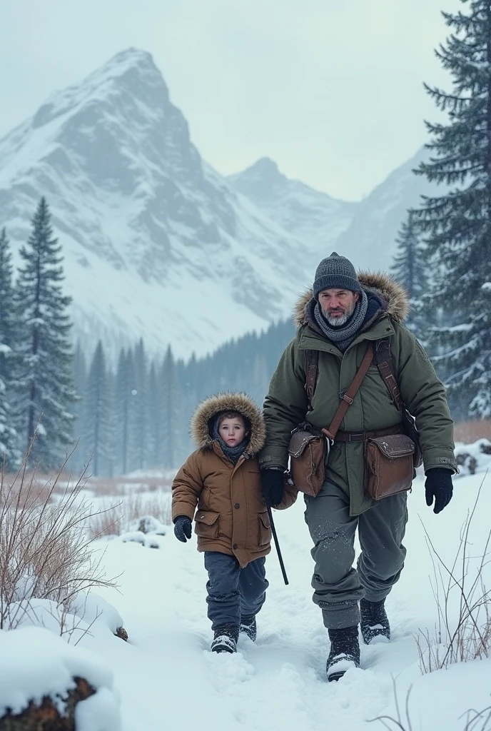 A blind girl of 8 years with her father in a cold weather area