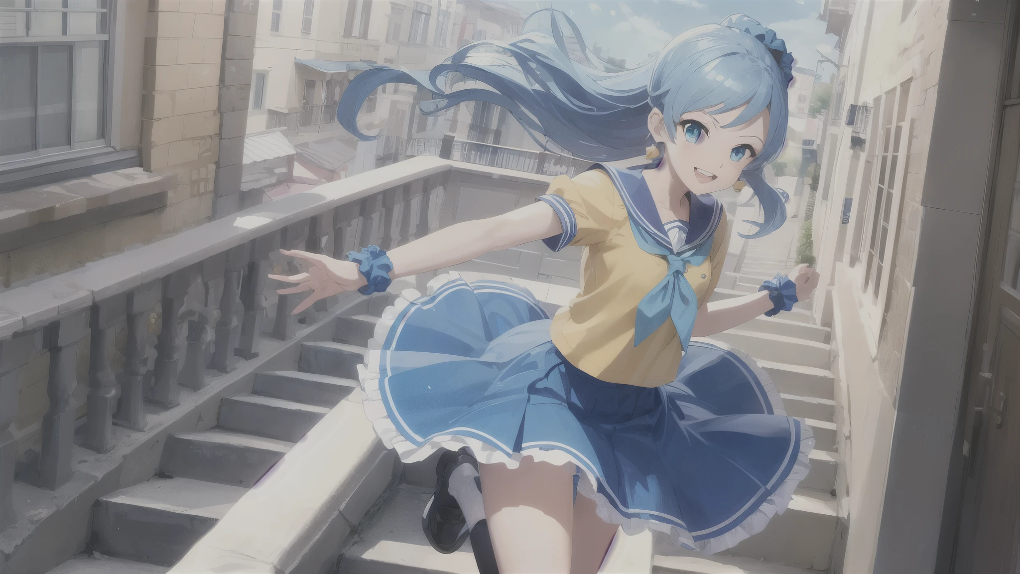 Anime Coloring, anime screen cap , eyelashes, , (Aikatsu!,:1.1)Upbeat Student ,
(floating,:1.2) running,
Outdoors, cute,( happy, smile,;d:1.1)
,embroidery,nice,
window, stairways
Jewel , earrings,
星のShine空, light particles, magic ,(Shine, transparent background ,:1.3)
blue hair , , hair scrunchies , side lock, ponytail ,
arm masturbation , School uniform 1 , blue scrunchy , blue skirt, hair ornament, blue neckerchief , hair scrunchies , skirt, neckerchief , frilled skirt, Short sleeve, check pattern , wrist cuff as pmaru, scrunchie , yellow shirt, checkered skirt, check pattern のスカーフ, sailor color, puffy Short sleeve, Sera Clothing, check pattern bow, check pattern skirt, wristband