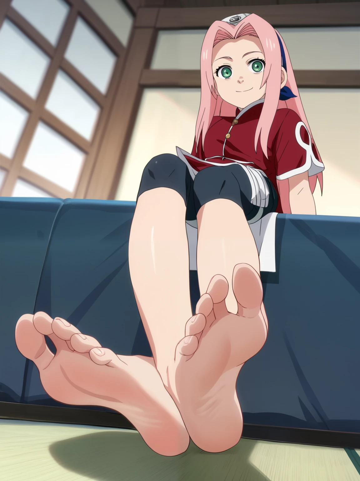 score_9, score_8_up,source_anime,
1girl, Sakura Haruno, pink hair, long hair, green eyes, red qipao, short sleeves, bike shorts,alone, looking at viewer, smile, cowboy shot, ANIME SCREENCAP, anime coloring, in the room, sitting, barefoot,Perfect feet,Anatomically correct,soles,Low Angle,Focal length 35mm, Five toes,front,Symmetrical Soles,Foot Focus