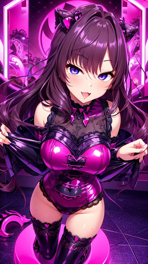 Erotic、tall、Big Breasts、Idol Master Sagasawa Fumika、Black Hair、White Hair Band、Shiny latex rubber suit、Off the shoulder、 Pink line、Evil female executive、sexy、Evil smirk face、tall、adult、lure、Alluring、Pitch black background、Dark bedroom at night、Fall into Darkness、Fallen into evil