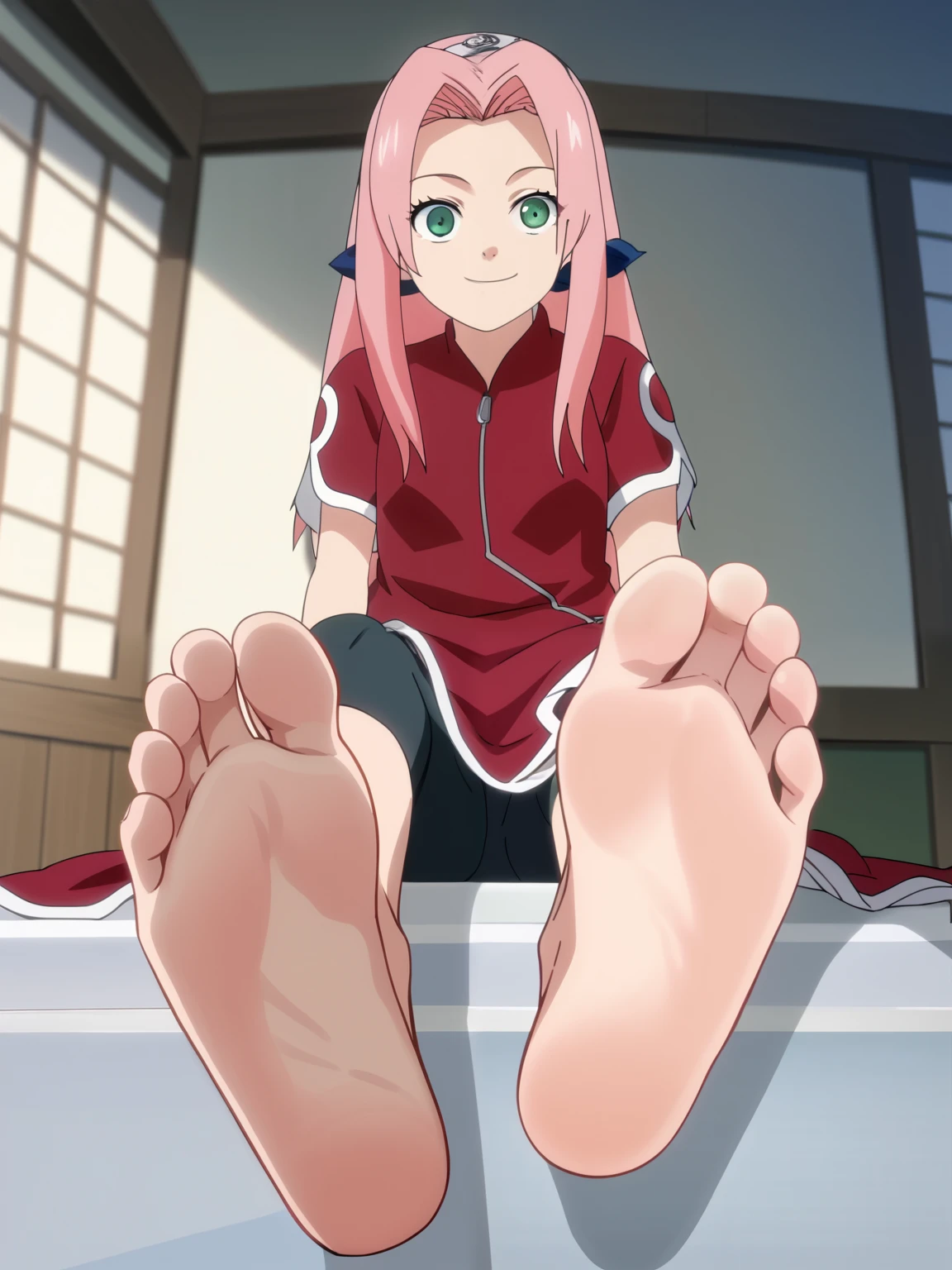 score_9, score_8_up,source_anime,
1girl, Sakura Haruno, pink hair, long hair, green eyes, red qipao, short sleeves, bike shorts,alone, looking at viewer, smile, cowboy shot, ANIME SCREENCAP, anime coloring, in the room, sitting, barefoot,Perfect feet,Anatomically correct,soles,Focal length 35mm, Five toes,front,Symmetrical Soles,Foot Focus