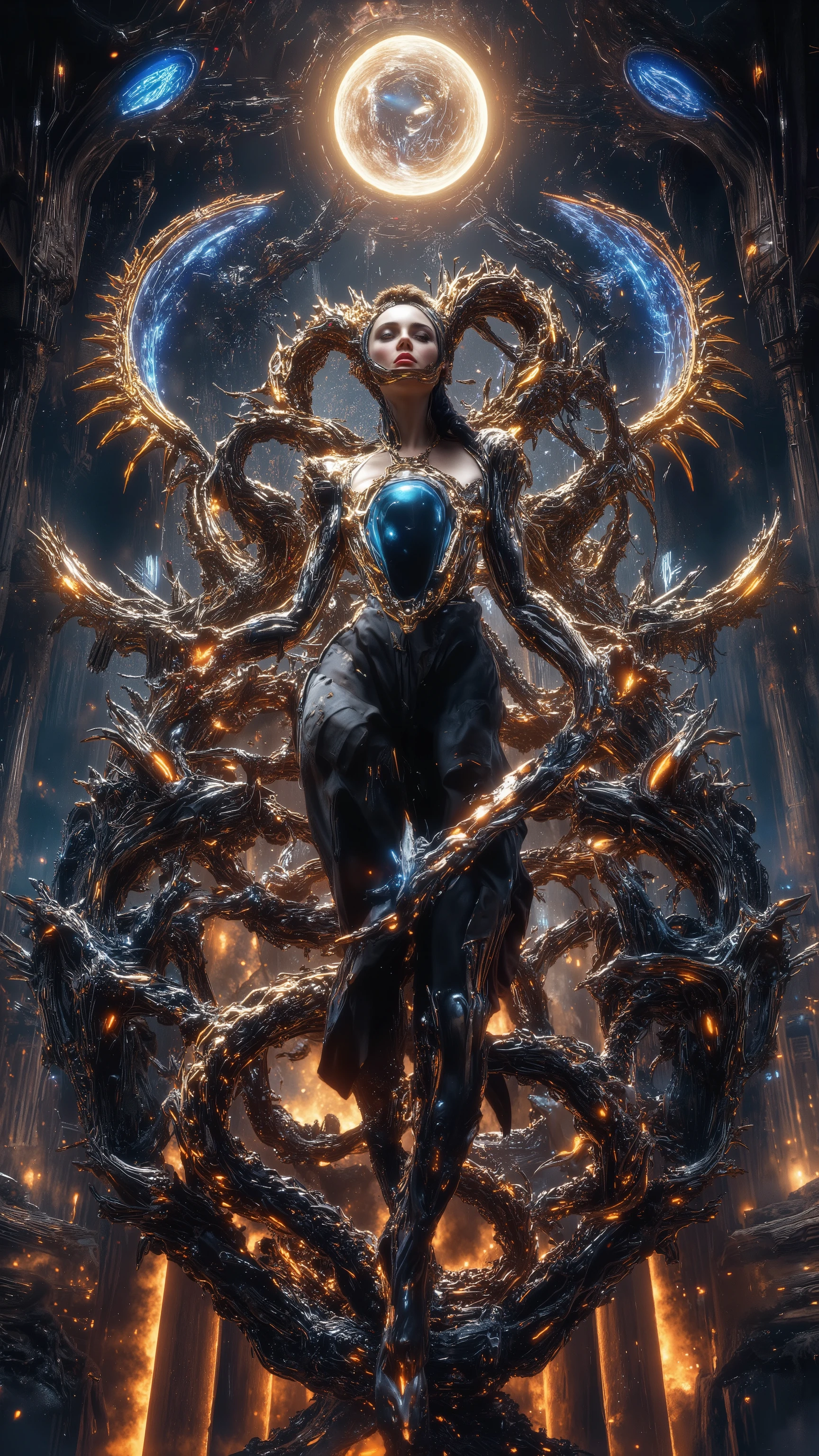 A stunning, hyper-realistic portrayal of anbioluminescent body adorned with vibrant, multi-colored neon dots that illuminate brilliantly. Her translucent skin reveals her intricate internal structure, while her small, round appendages function as arms, tenderly cradling her otherworldly face. alien creature by Esao Andrews. The alian girl is depicted with a slender, bioluminescent body, adorned with multi-colored neon dots that glow brilliantly. Her transparent skin reveals her intricate internal structure, and her small, round appendages serve as arms, gently embracing her otherworldly fish-like face. Esao Andrews' unique artistic techniques create an atmosphere of wonder and mystique, drawing the viewer into the captivating world of this enigmatic creature.