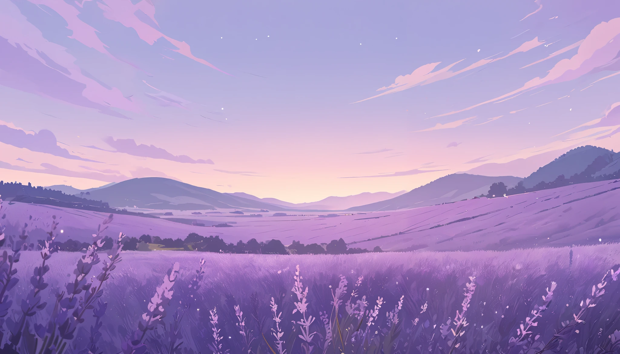 LAVENDER landscape , Pastel Purple Colors ,,Ghibli style ,cute ,Cozy , Landscape Wide Field Ultrawide Purple tone