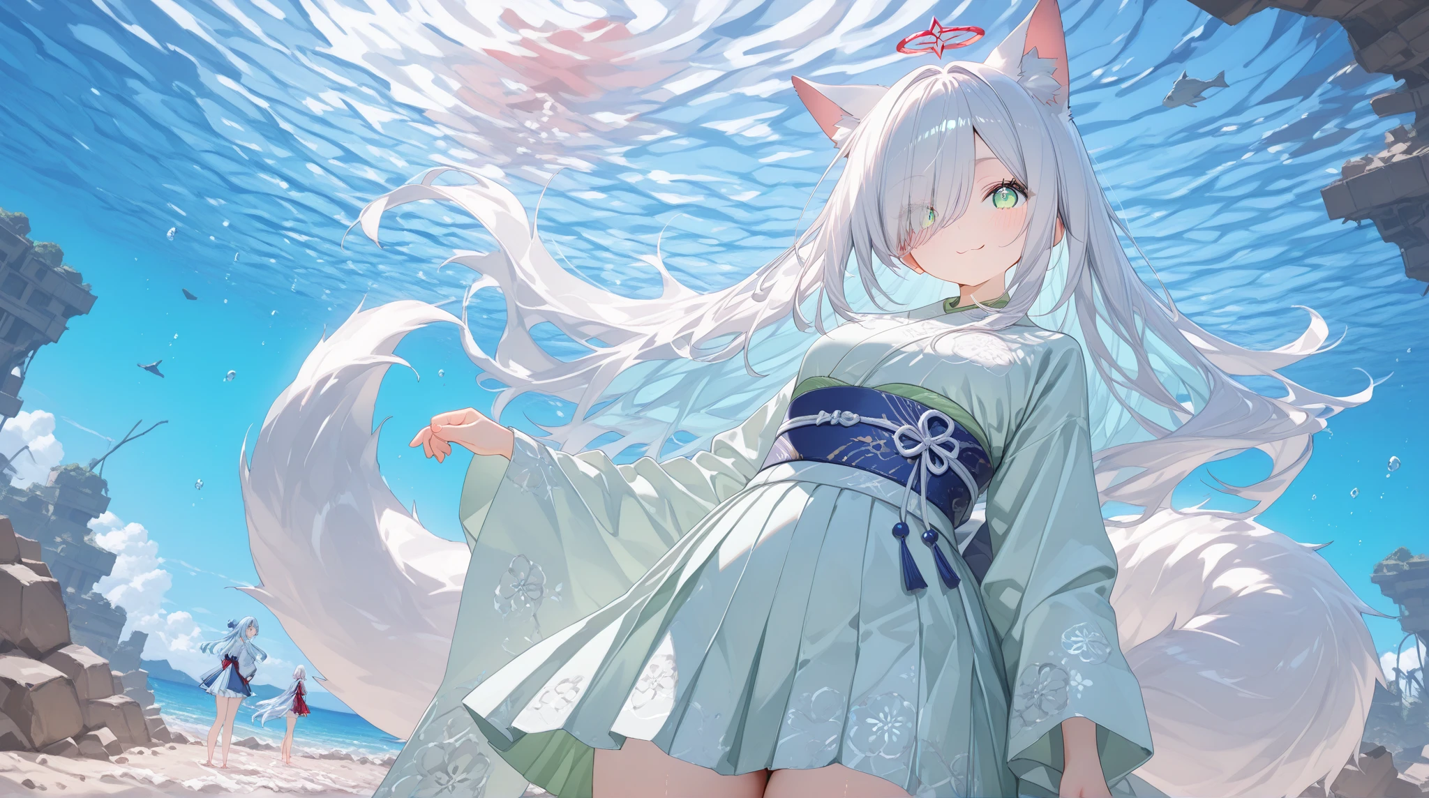 Scenery light green long hair happy Nekogirl (two neko ears and white fox tail), cute thoughtful face, white oversized shirt Off-the-shoulder, watching out of a window thoughtful, sunset, high amount of rainbow sunflare and lensflare, lots of colors, clouds. Lateral view from outside the window, face invested from colors and light, masterpiece.