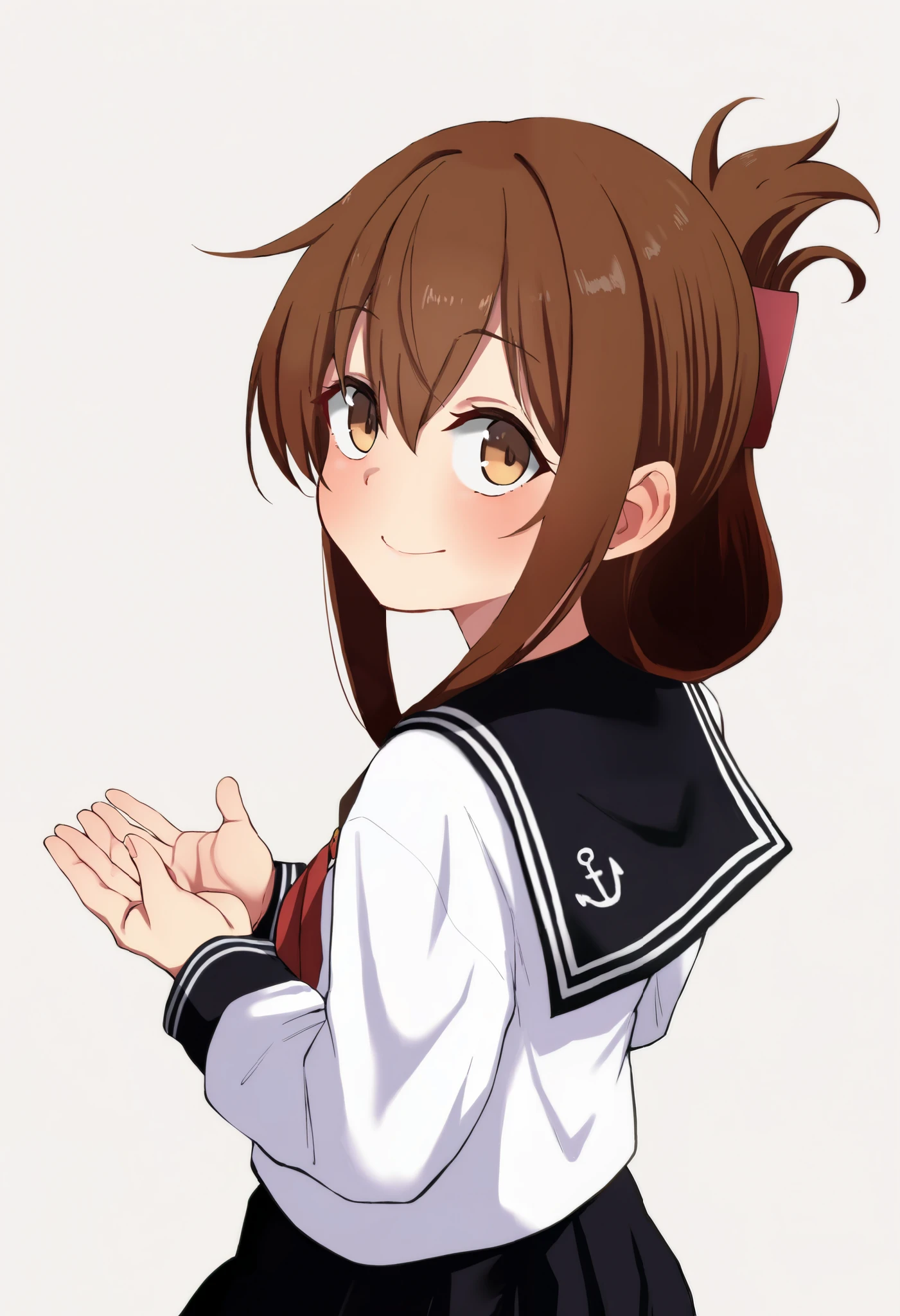 top quality, Amazing Quality , very aesthetic , is ridiculous,
1 girl, Lightning \( Kantai Collection\), Hair, summary hair , long hair, brown eyes,, long hair, Hair, brown eyes, Folded Ponytail , Lightning ( Kantai Collection), skirt, school uniform, Sera Clothing, neckerchief ,, Snow Day,
Anchor Symbol, black sailor color, Long Sleeve , neckerchief , school uniform, Sera Clothing, 黒のプリーツ skirt,
with your hands on your back, smile, upper body, viewers, Alone, ( simple background, White Background :1.3),