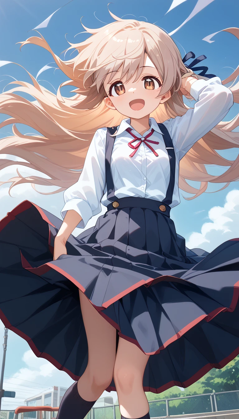 Tanned girl, blond hair, red ribbon, ((frustrated expression)), white shirt, navy pleated skirt, (facing the front),(((skirt being rolled up in the wind))),(((blushing cheeks, Embarrassed expression))), station, background blur