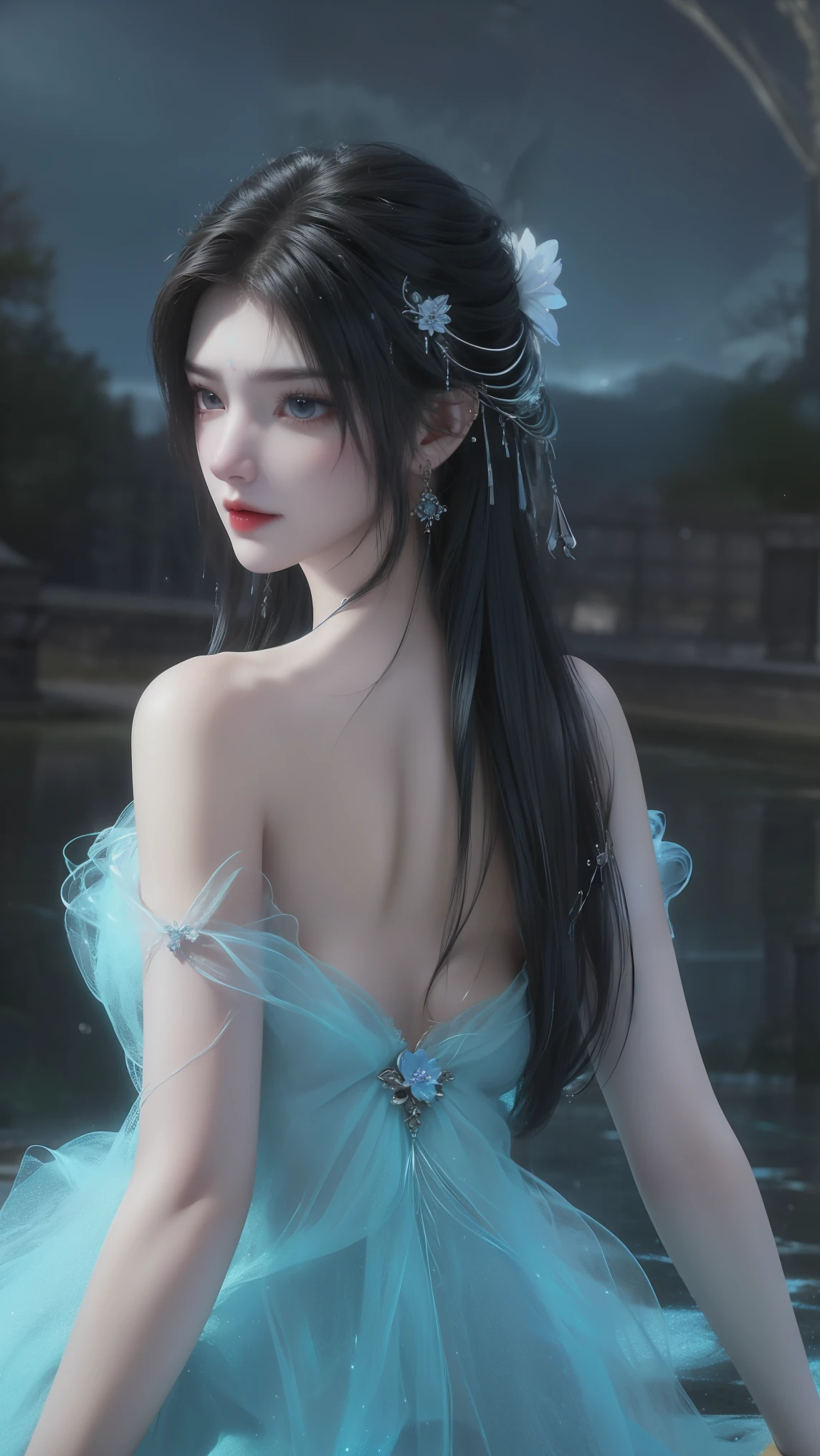light particles, halo, (bioluminescent:0.95), bioluminescent, piercing glare, vibrant, (((colourful))), color, (glowing, glow),ancient customs, wind blow, blossom, pond, night, moon relection in the pond, reflection light, depth of field, from behind, multiple views, delicated best quality ,masterpiece, illustration, an extremely delicate and beautiful, extremely detailed ,CG ,unity ,8k wallpaper, Amazing, finely detail, masterpiece,best quality,official art,extremely detailed CG unity 8k wallpaper,absurdres, incredibly absurdres, huge filesize , ultra-detailed, highres, extremely detailed,beautiful detailed girl, extremely detailed eyes and face, beautiful detailed eyes,light on face,1girl, (Super realistic), (black hair), (hair over one eye), (single braid hair), (rainbow eyes), ((hair ornament)), ((jewelry)), (hair jewelry), (((describe the arm in detail))), (((Super ))), ((sagging breasts)), ((Plump body)), (thighs), ((Plump )),, (detailed description of hair), ((upper body)), (Bare shoulder), ((collarbone)), (off shoulder), (Shiny skin), (detailed description of face), (Extremely detailed description of the eyes), (detailed description of body), (white and translucent skin), peerless beauty, (extreme beauty), (red lips), (shy ), (seductive smile), ((gothic tia dress)), (every pose),(smiling)