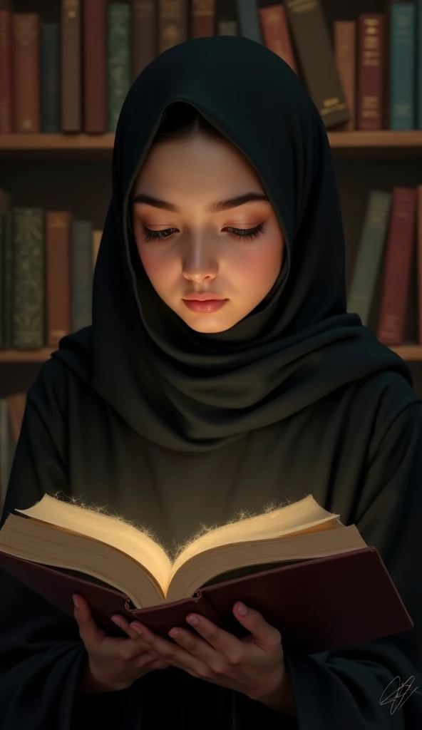 A girls shadow from backside who was reading books, wearing her glasses. And she was wearing a hijab.