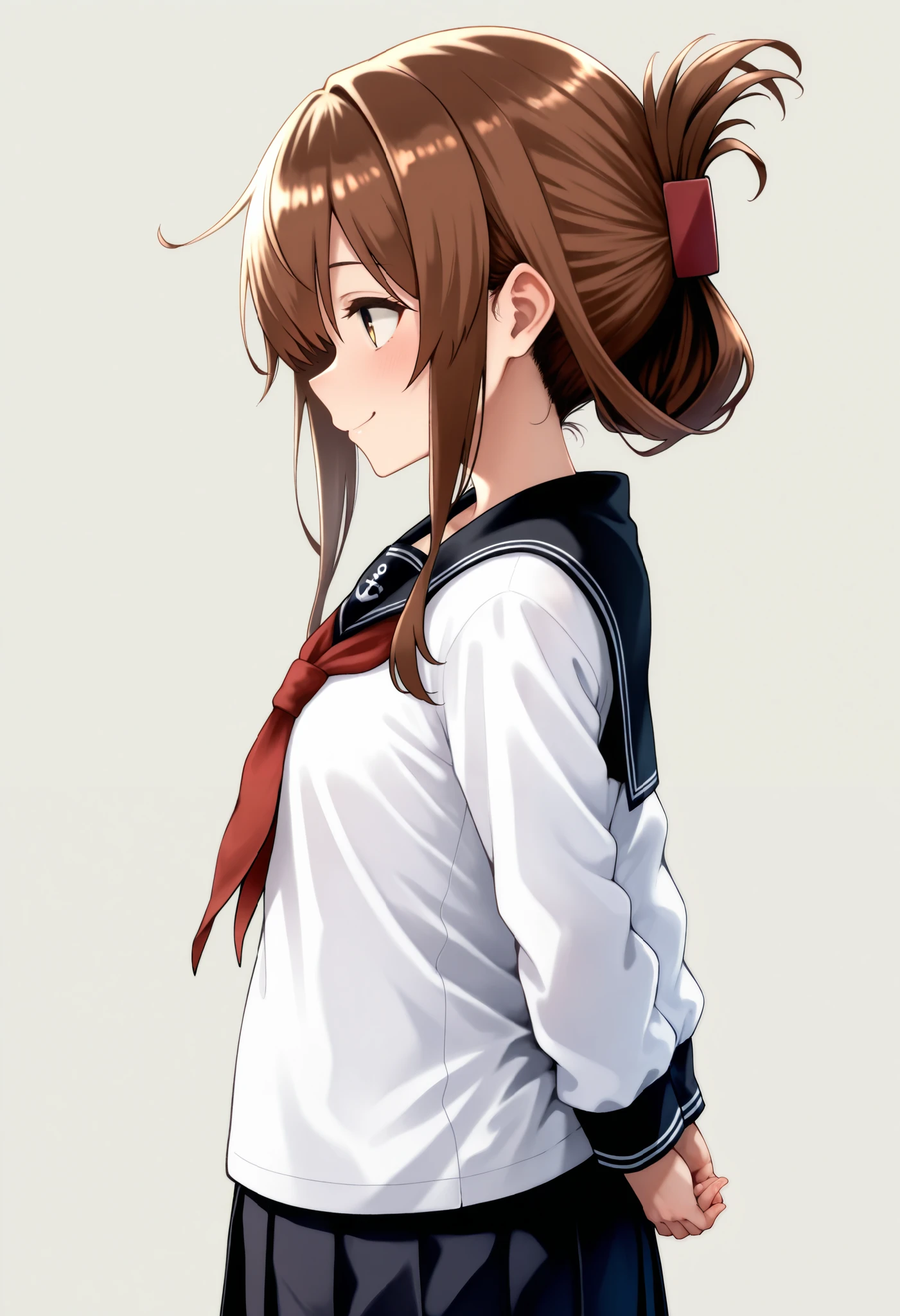 top quality, Amazing Quality , very aesthetic , is ridiculous,
1 girl, Lightning \( Kantai Collection\), Hair, summary hair , long hair, brown eyes,, long hair, Hair, brown eyes, Folded Ponytail , Lightning ( Kantai Collection), skirt, school uniform, Sera Clothing, neckerchief ,, Snow Day,
Anchor Symbol, black sailor color, Long Sleeve , neckerchief , school uniform, Sera Clothing, 黒のプリーツ skirt,
with your hands on your back, smile, upper body, viewers, Alone, ( simple background, White Background :1.3),