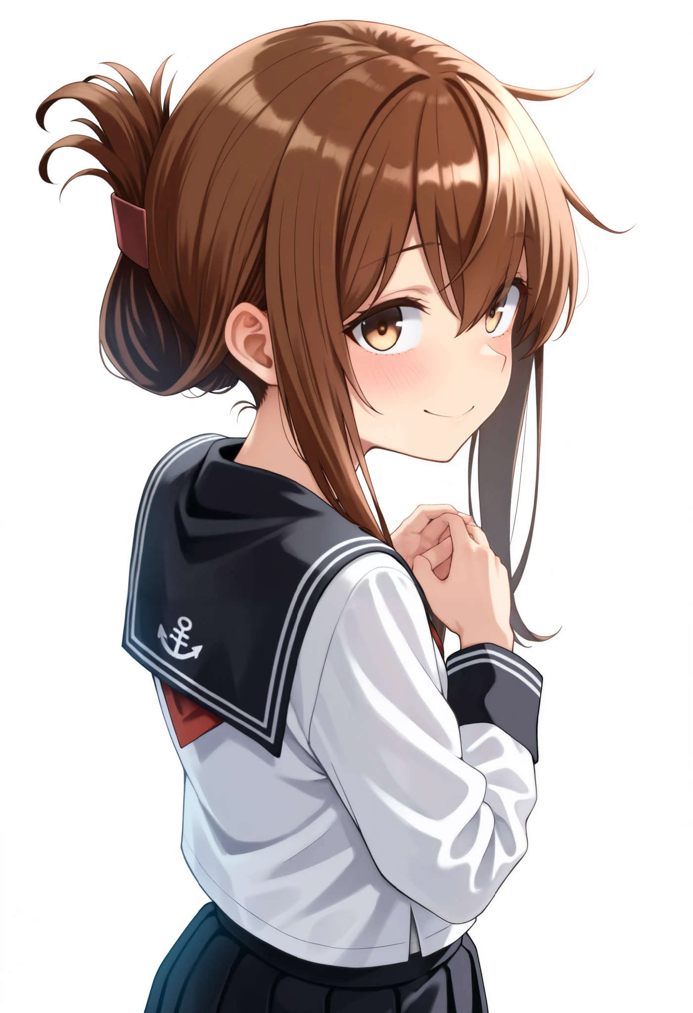 top quality, Amazing Quality , very aesthetic , is ridiculous,
1 girl, Lightning \( Kantai Collection\), Hair, summary hair , long hair, brown eyes,, long hair, Hair, brown eyes, Folded Ponytail , Lightning ( Kantai Collection), skirt, school uniform, Sera Clothing, neckerchief ,, Snow Day,
Anchor Symbol, black sailor color, Long Sleeve , neckerchief , school uniform, Sera Clothing, 黒のプリーツ skirt,
with your hands on your back, smile, upper body, viewers, Alone, ( simple background, White Background :1.3),