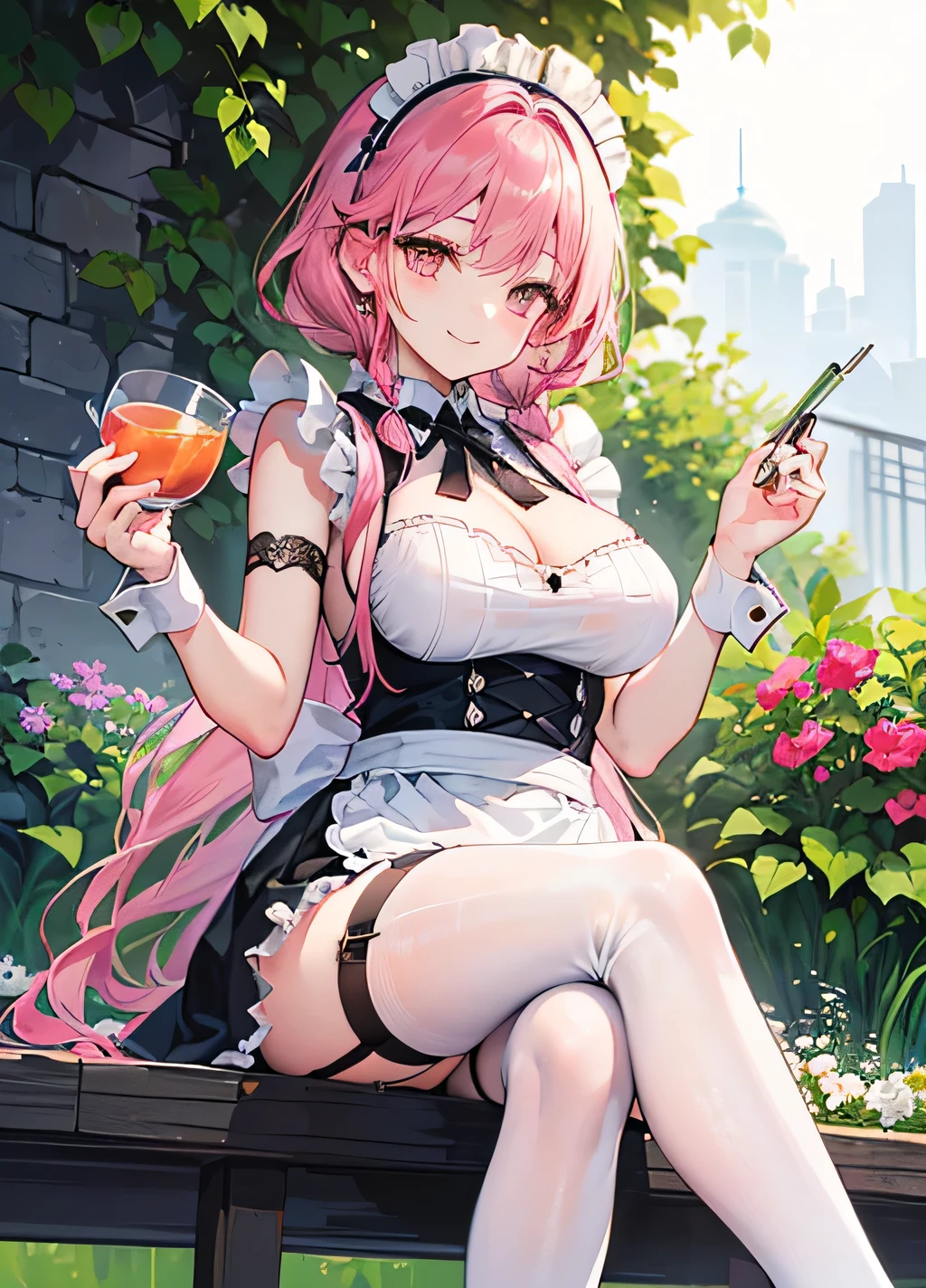a girl sitting in luxurious yacht with a smile and wink eyes, her cheeks are chubby, her hair is colorful pink, so colorful eyes like an angel. holding a one glass of wine. She highschool student who is the richest person in the world who has various of trillions of dollars