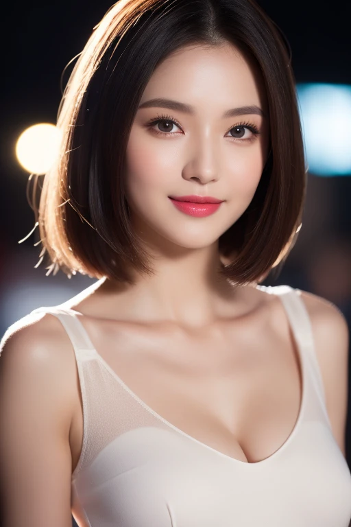 ((highest quality、8k resolution、Masterpiece、Professional photography)), Photorealistic, (Still beautiful at 50:1.3), (Wrinkled face:1.2)、(Elegant white and pink lace outfit:1.1)、(Simple background in a single color:1.1)、Wrinkles around the eyes,Standing Elegantly、(Plump and soft body、clavicle)、The most elegant and beautiful hairstyles、Romantic evening、(A sad smile is looking at me:1.2)、Beautifully shaped breasts、Small Valley、Perfect Makeupアップ,Dark red lipstick,Perfect Makeup,eye shadow、Long eyelashes、Romantic lighting、Very moody and romantic、(Ultra high definition white skin)、Blurred Background、Feelings of love、(Short black hair:1.2)