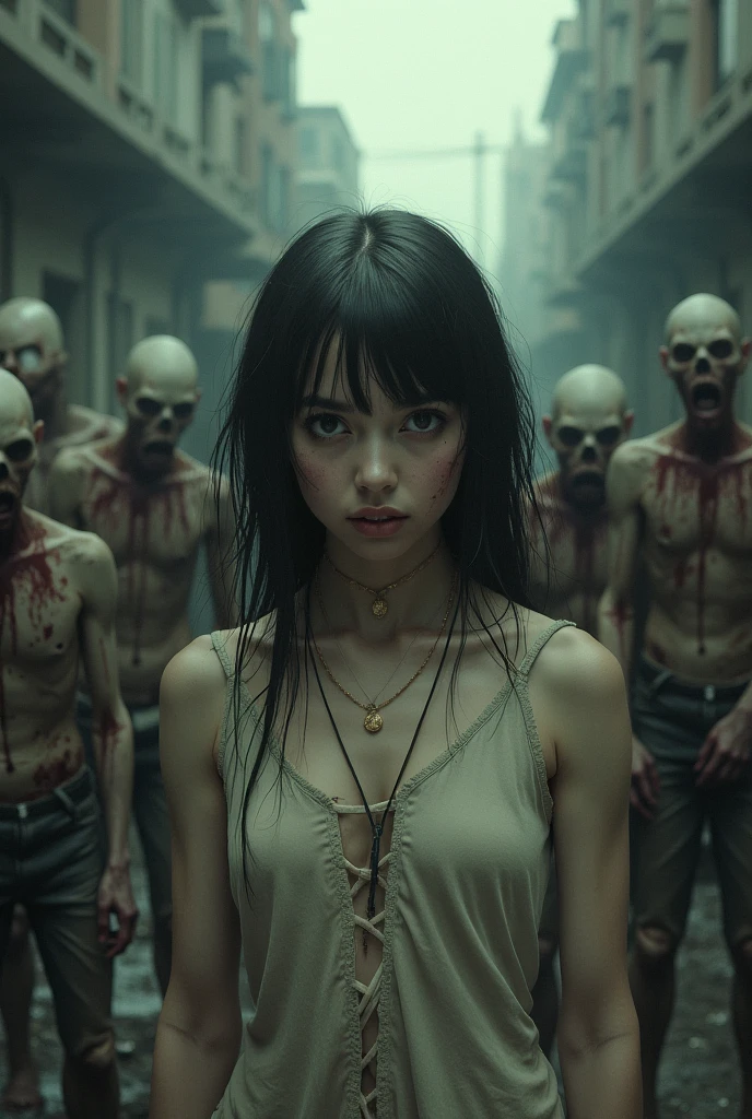 (32K:1.9, Horror expression:1.9, Highest quality, masterpiece, Ultra-high resolution), Perfect dynamic composition, Highly detailed skin and facial textures:1.3, Detailed eyes, Detailed limbs, (The Darkest Dungeon:1.3), Light brown leather outfit:1.6, Cute sexy slim Japanese woman:1.2, Fair skin, Tilt your head, (5 Zombies:1.8, Crazy behavior:1.7, Zombie touching a woman:1.9, Raindrops falling from the ceiling:1.5), (Her huge breasts are about to burst., areola is not visible, Big cleavage), (A look of despair:1.3, Expression of despair:1.3, Totally captivates you), Beautiful Blue Eyes, Beautiful erotic eyes, Sexy Face, blush, Beautiful sensual atmosphere, Professional random camera work, ((Bloody:1.9, Covered in scars:1.9, Bruises on the face:1.9, Covered in bruises:1.9, Lots of big chains:1.8, Countless chains tangled in clothes:1.8, Chain your right arm:1.8, Chain the left arm:1.8, The right leg is bound with a shackle and chain:1.8, The left leg is bound with a shackle and chain:1.8)), ((The endless chains invade:1.8)), (Too erotic)