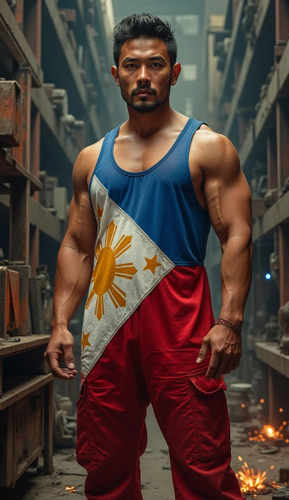 1 Chinese man 2 He holds a flag 8 meters long and it is the flag of China 3 it has a black background 4 he has six-pack abs 5 he has tattoos of Chinese dragons 6 The man has super short pairs 7 The pants have colors that represent China 