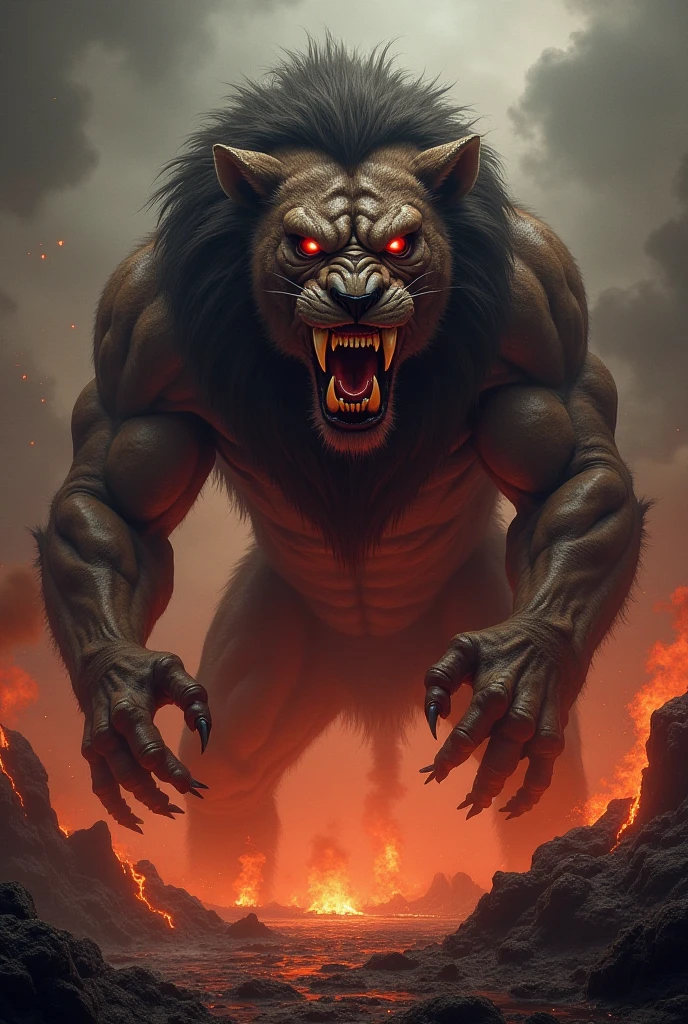 Gigantic dangerous and horrific cross between a muscular Lion and magma with scary background 