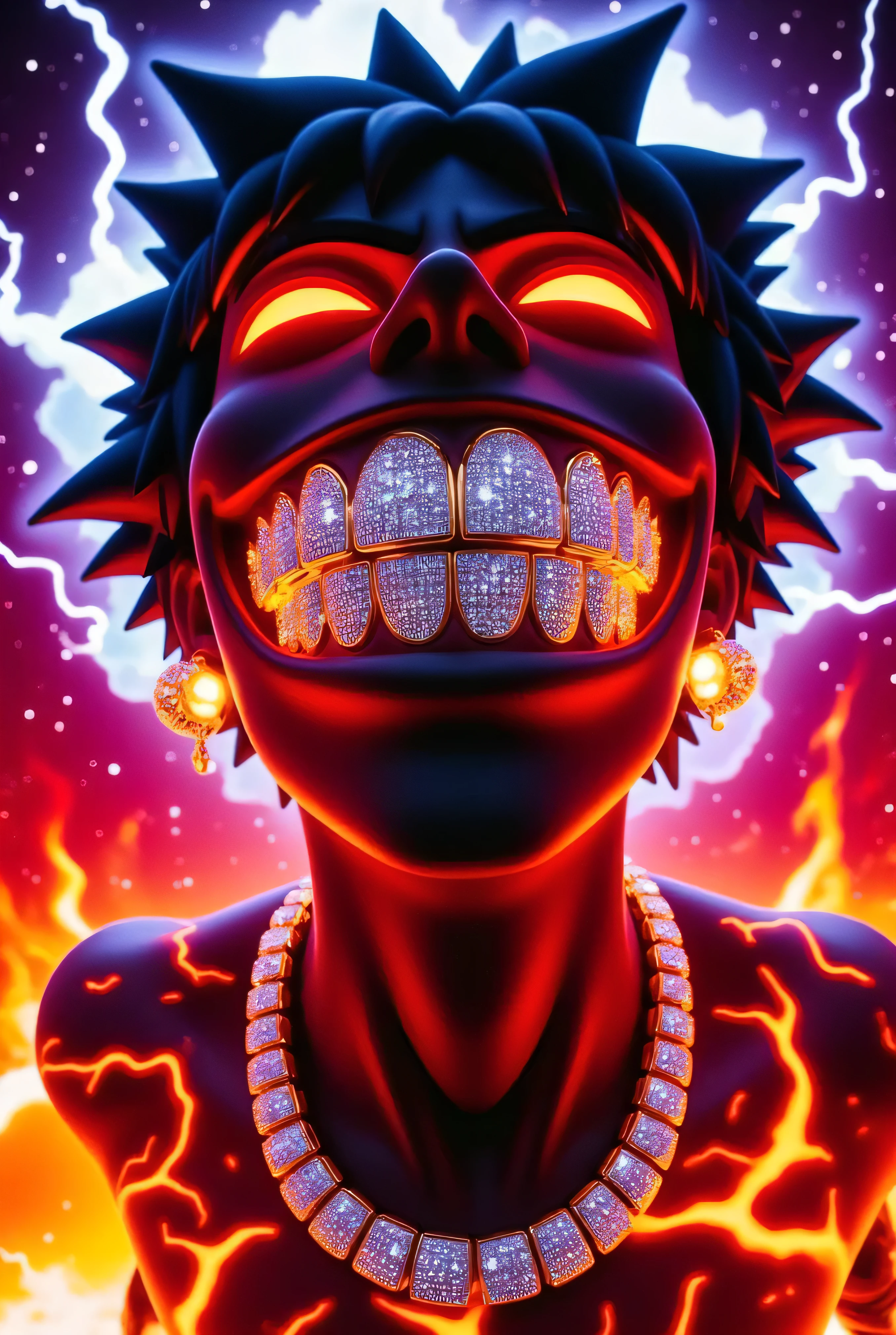 gr!llz, in the style of Jed-clrfl ,Ebony character enveloped in intense thick colored energy. Their face is obscured by the overwhelming thick glow::7.2 , large anime energy aura size 6 inches from body emphasizing the sheer power they are unleashing::6.4 .smiling into the camera, fish eye lens realistic photograph with a wide smile, its teeth are encrusted with shiny platinum diamonds.