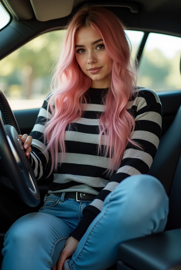 (Realisttic:1.2), analog photo style, Beautiful young woman, posing, with freckles and long pink hair braided, (modern ambient atmosphere), soft natural light, cute and sexy, great quality, Masterpiece, detailed strange background, better performance, 16k quality, RAW photo, sexy clothes, sexy choker, black choker, sitting in a luxury car, sunglasses, woman sunglasses, brown sunglasses