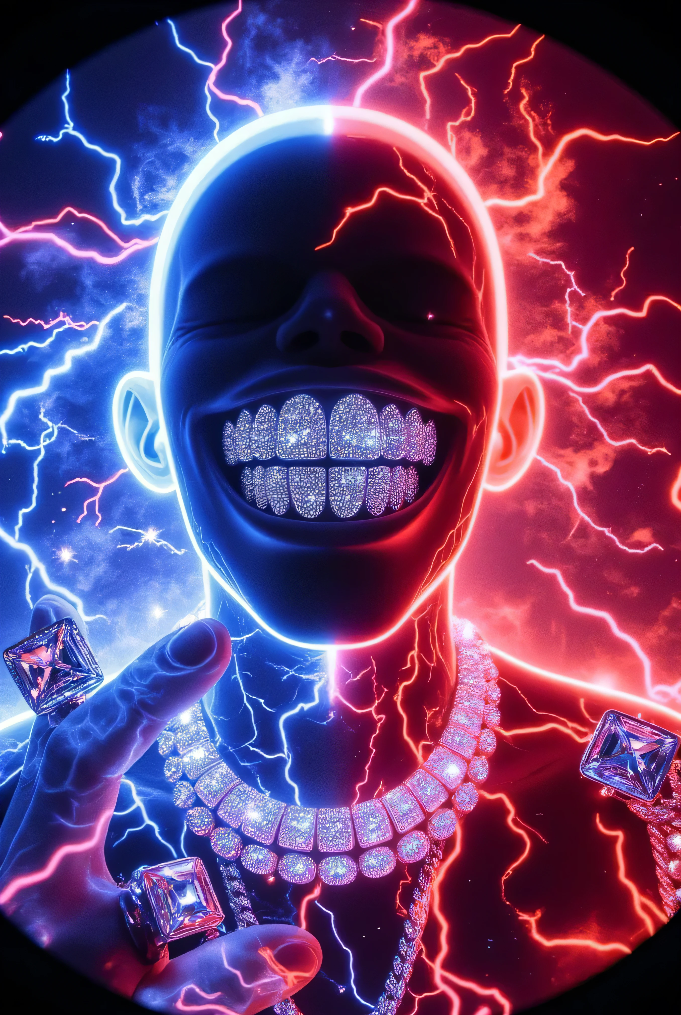 gr!llz,  ,Ebony character enveloped in intense thick colored energy. Their face is obscured by the overwhelming thick glow::7.2 , large anime energy aura size 6 inches from body emphasizing the sheer power they are unleashing::6.4 .smiling into the camera, fish eye lens realistic photograph with a wide smile, its teeth are encrusted with shiny platinum diamonds. 