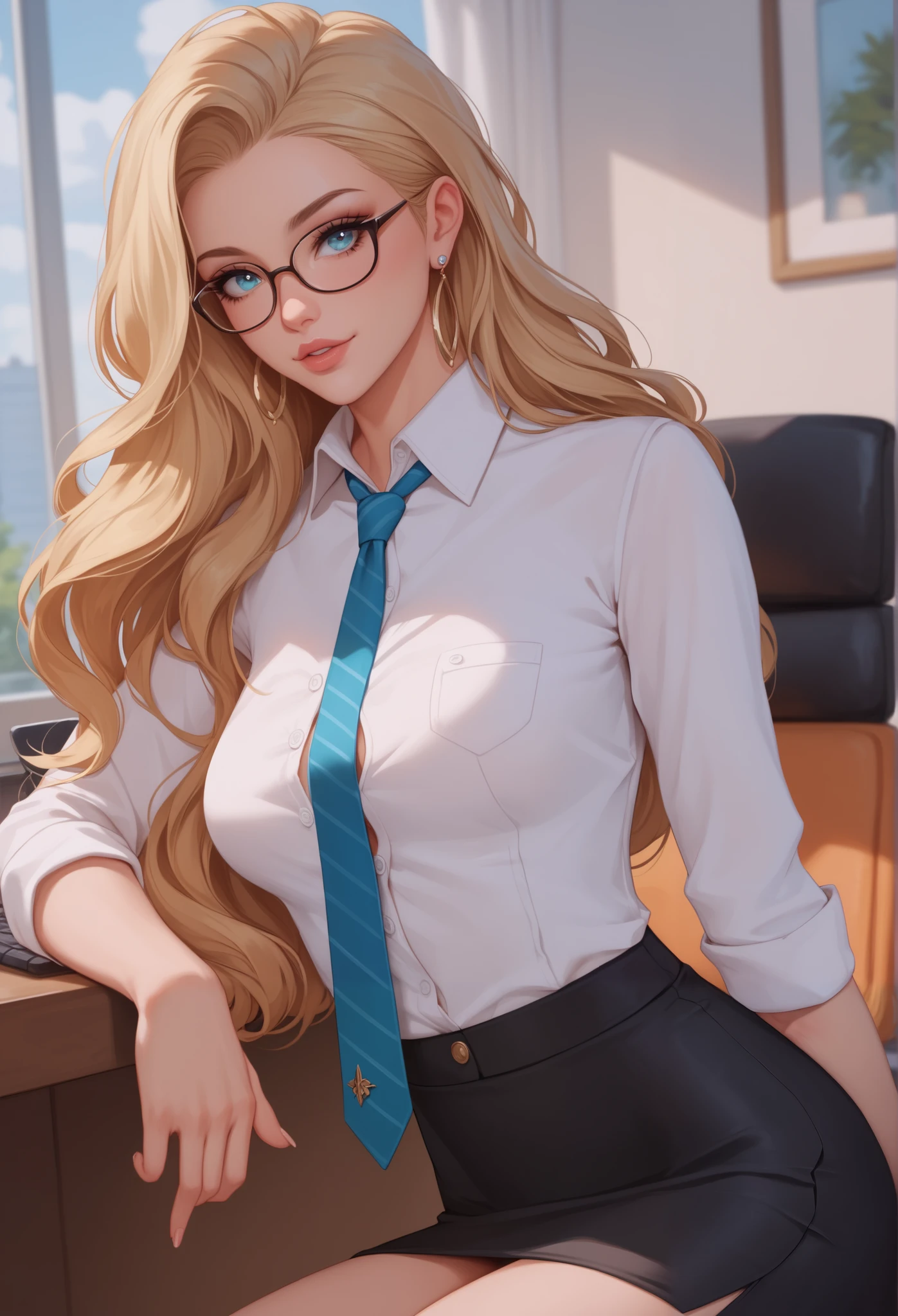 Pretty Blonde Office Girl, at reception desk, tight white t-shirt, No pants naked waist down, glasses, Pony-tail, Looking directly at camera, POV.