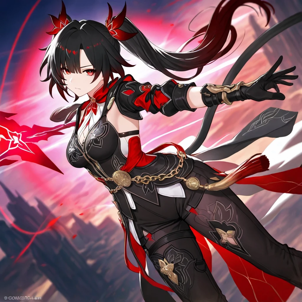 Anime boy with red eyes dark brown ponytail hair wearing fantasy dress with serious mood 